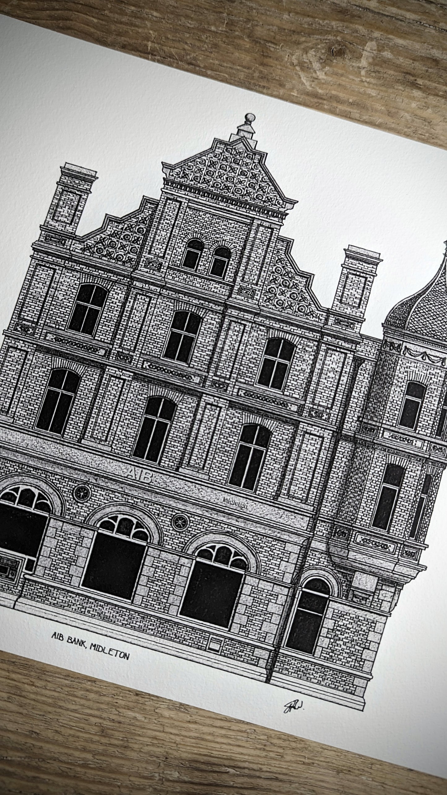 detailed drawing of the AIB bank in Midleton, Ireland.