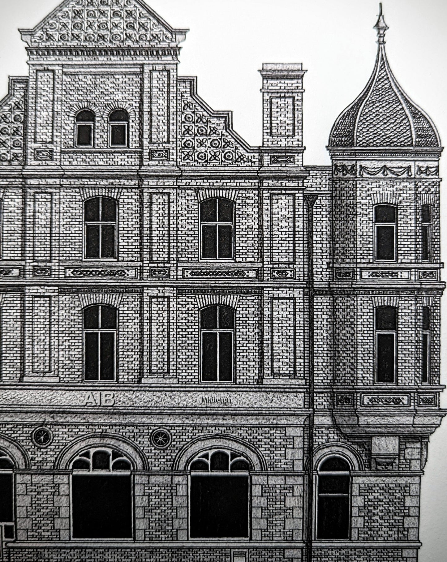Hand-sketch architectural illustration of the AIB bank in Midleton, Ireland.