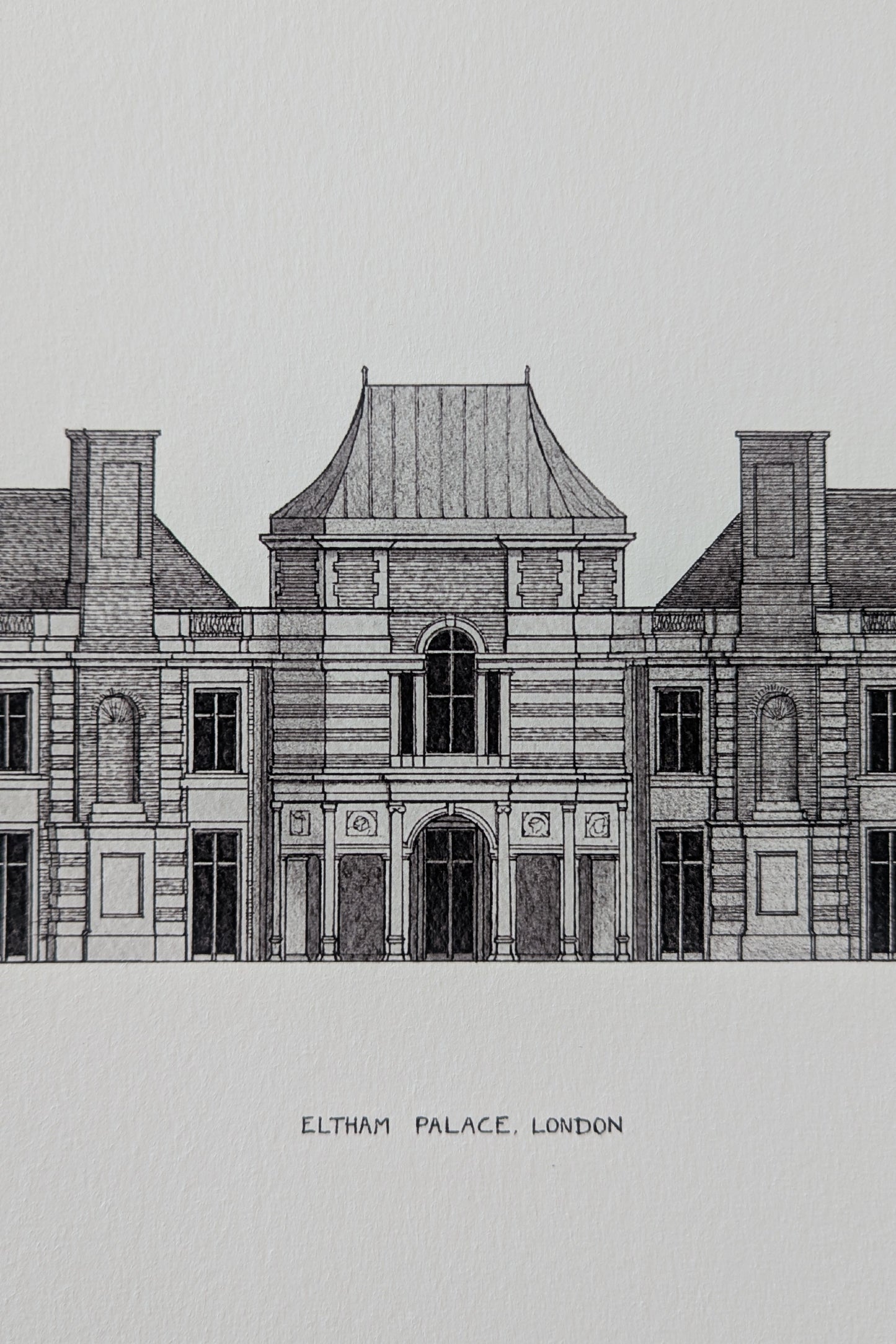 Hand-drawn architectural illustration of Eltham Palace in London.
