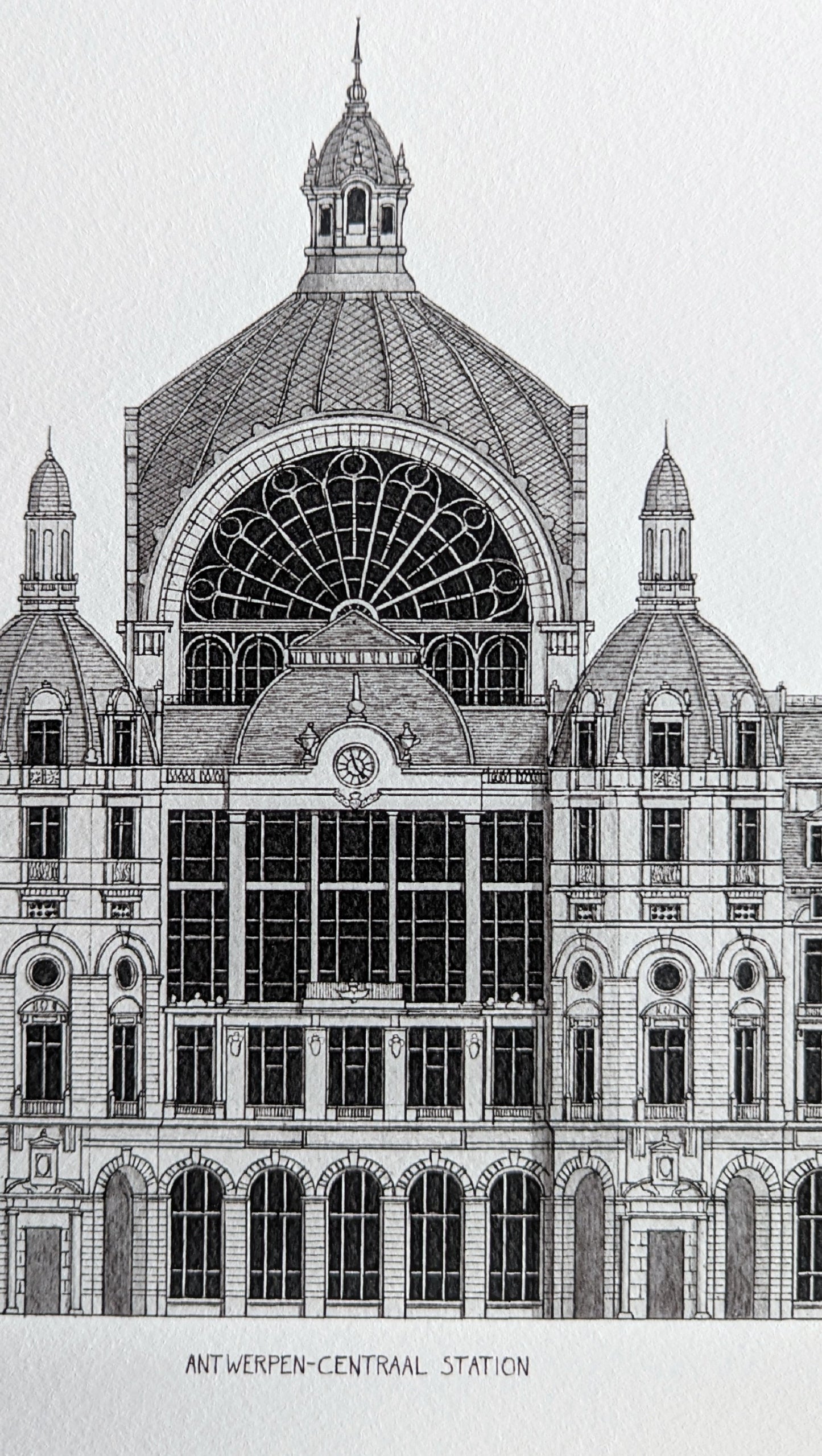 Hand-sketched architectural illustration of Antwerp landmark Antwerpen Centraal, Belgium