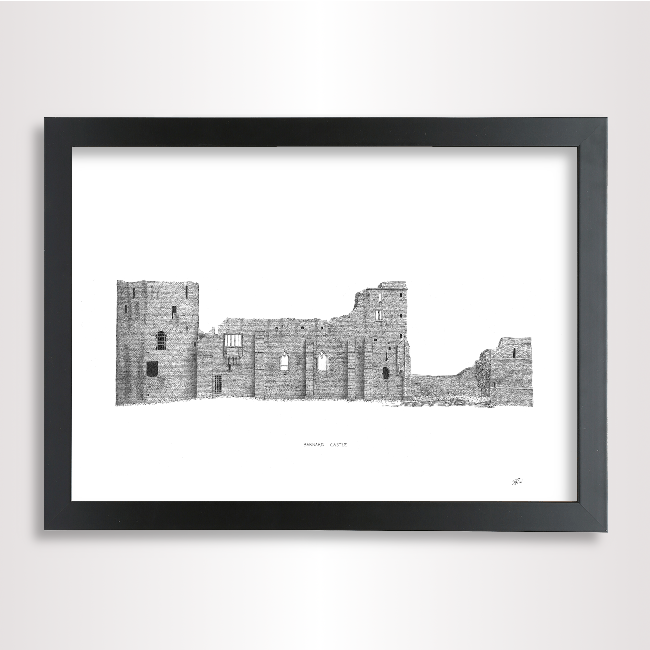 Hand-drawn architectural illustration of Barnard Castle