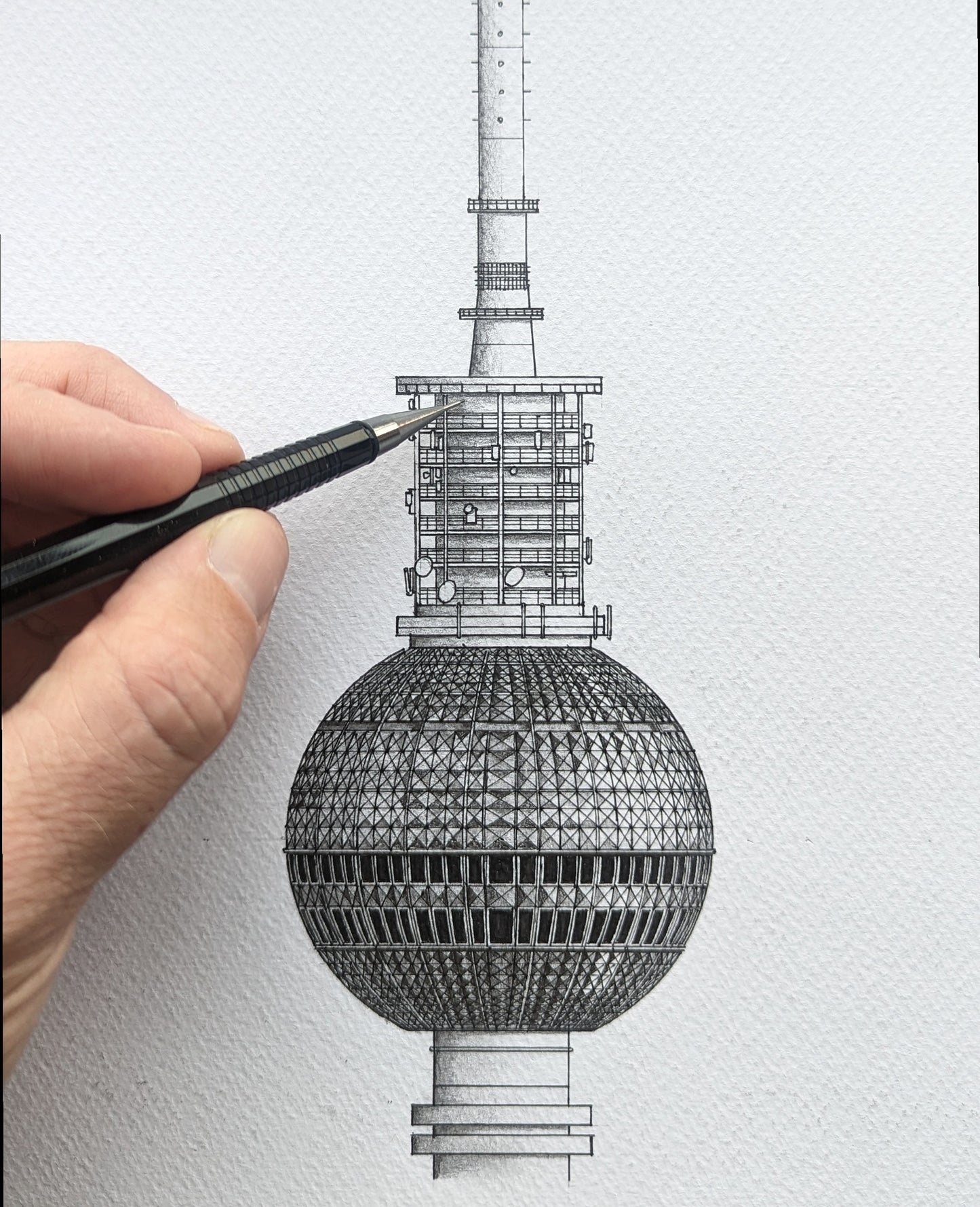 Hand-sketch architectural illustration of Berlin Fernsehturm.