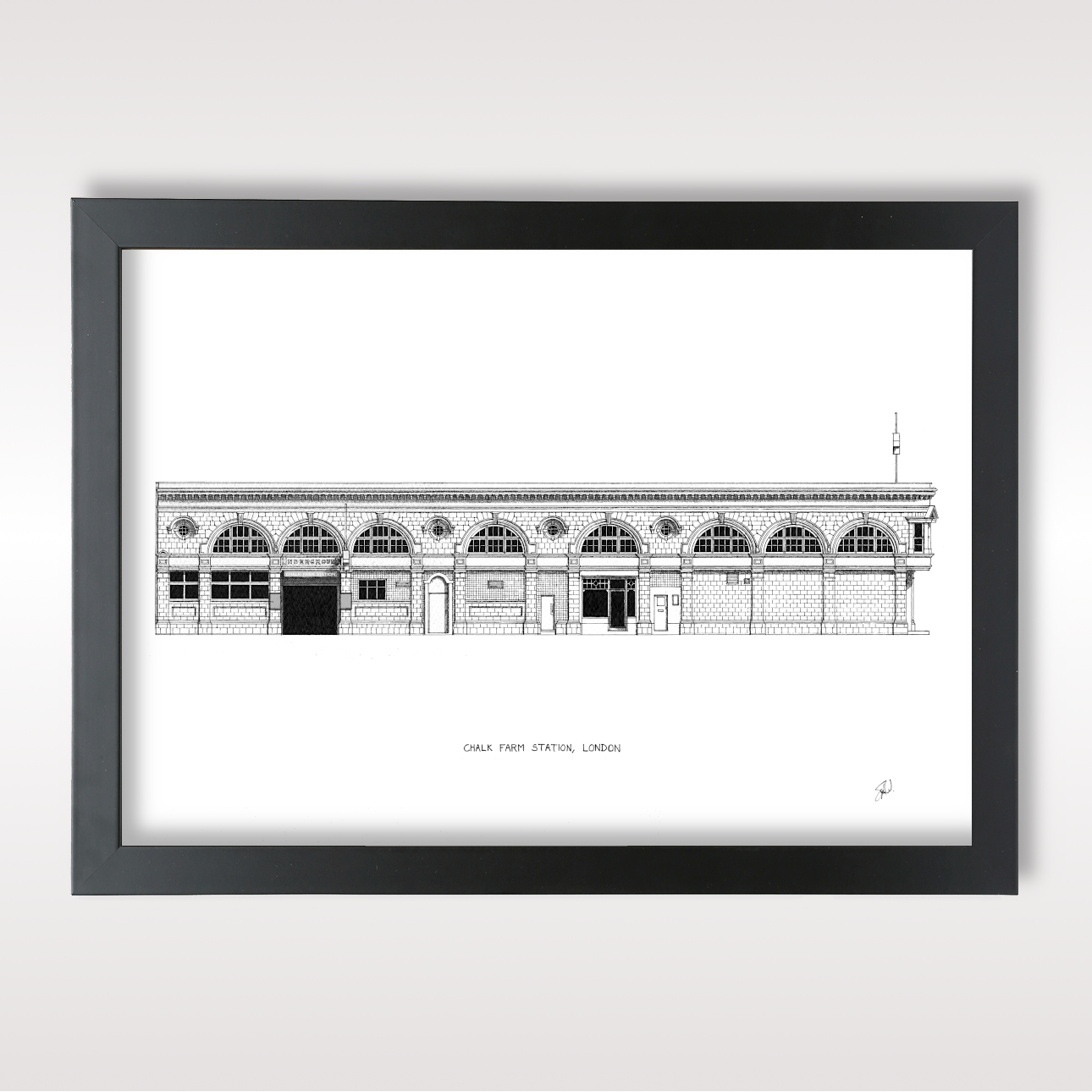 Hand-drawn architectural illustration of Chalk Farm Underground Station