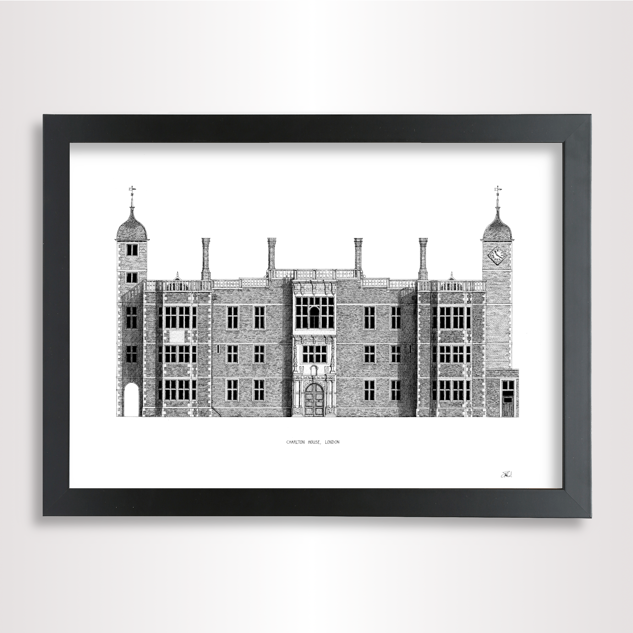 Hand-drawn architectural illustration of Charlton House in London.
