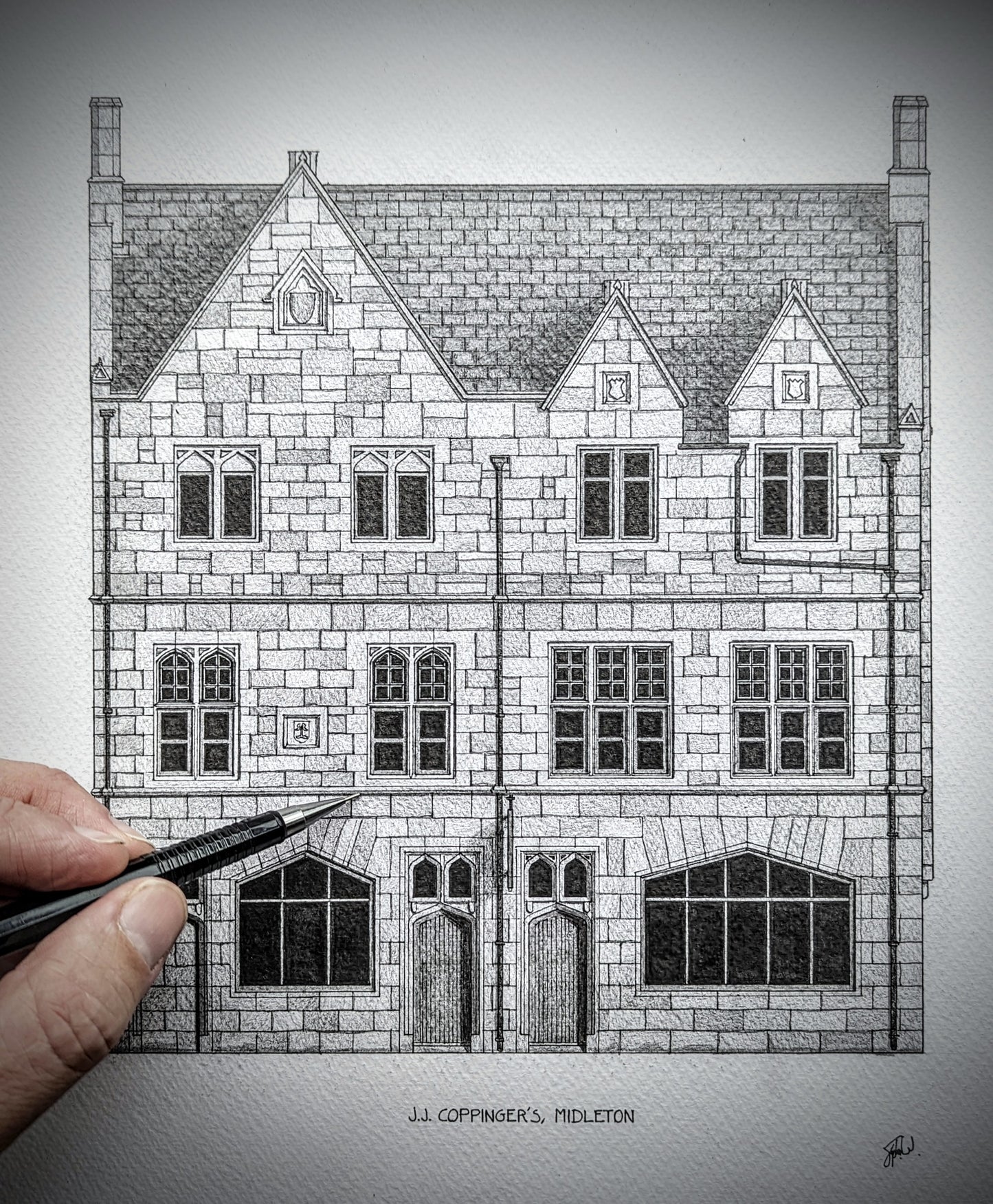 Hand-sketched architectural illustration of Coppingers Pub in Midleton, Ireland.
