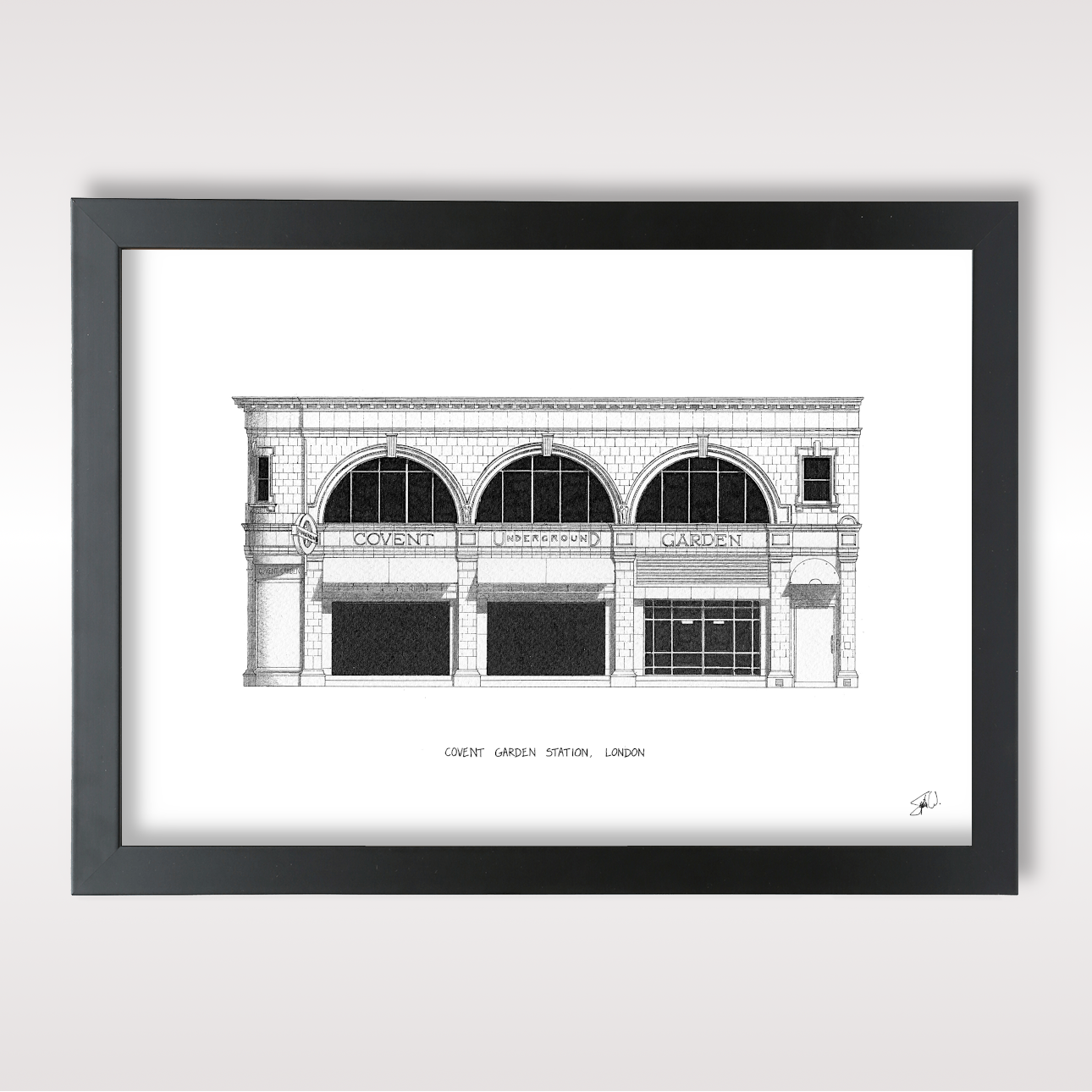 Hand-drawn architectural illustration of Covent Garden Underground Station