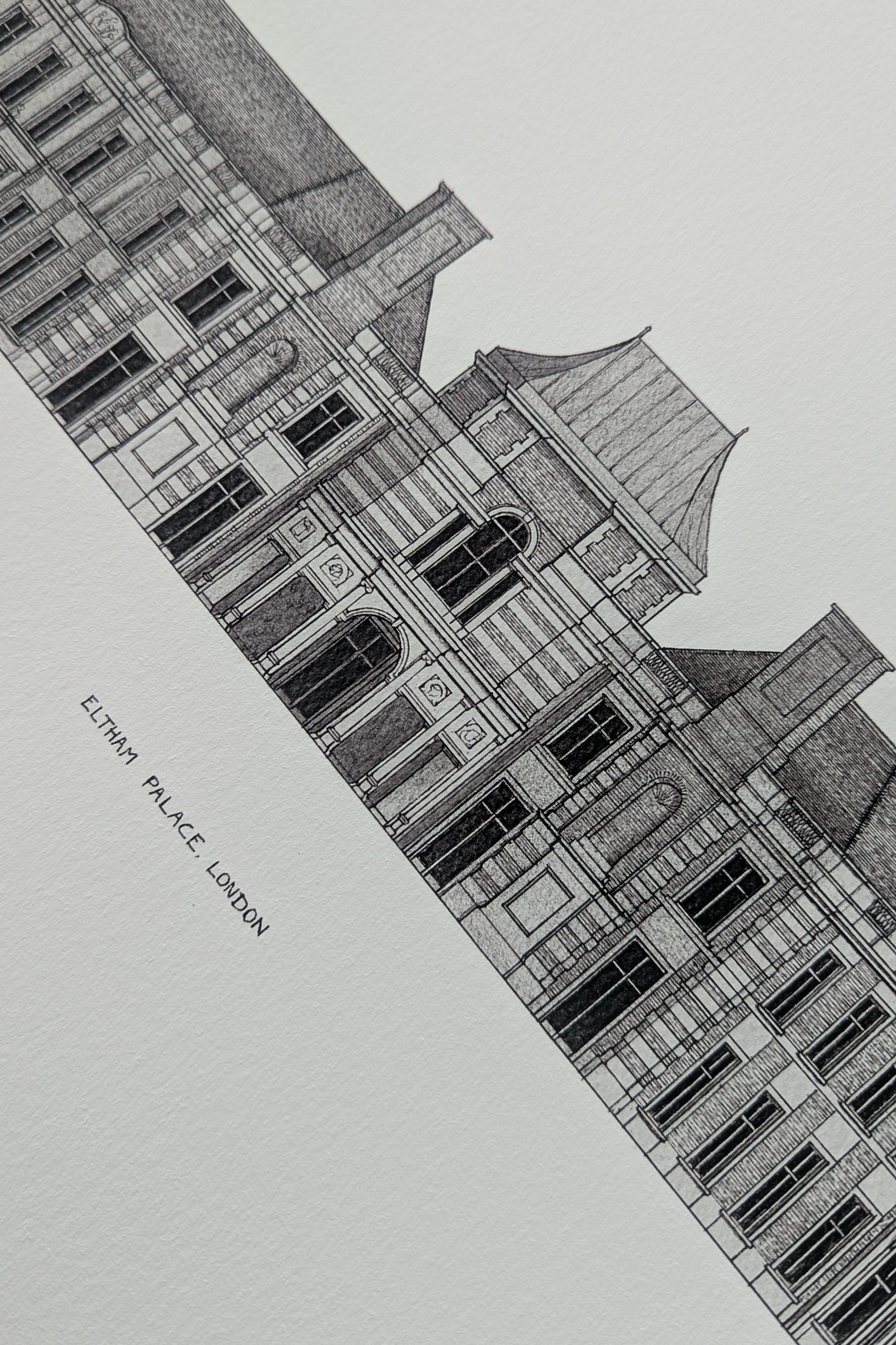 Hand-drawn architectural illustration of Eltham Palace in South East London.