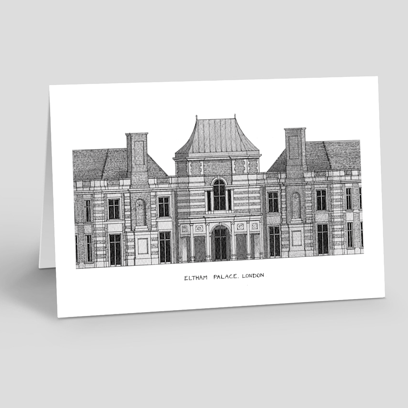 Greeting card with black and white illustration of Eltham Palace, London on a white background