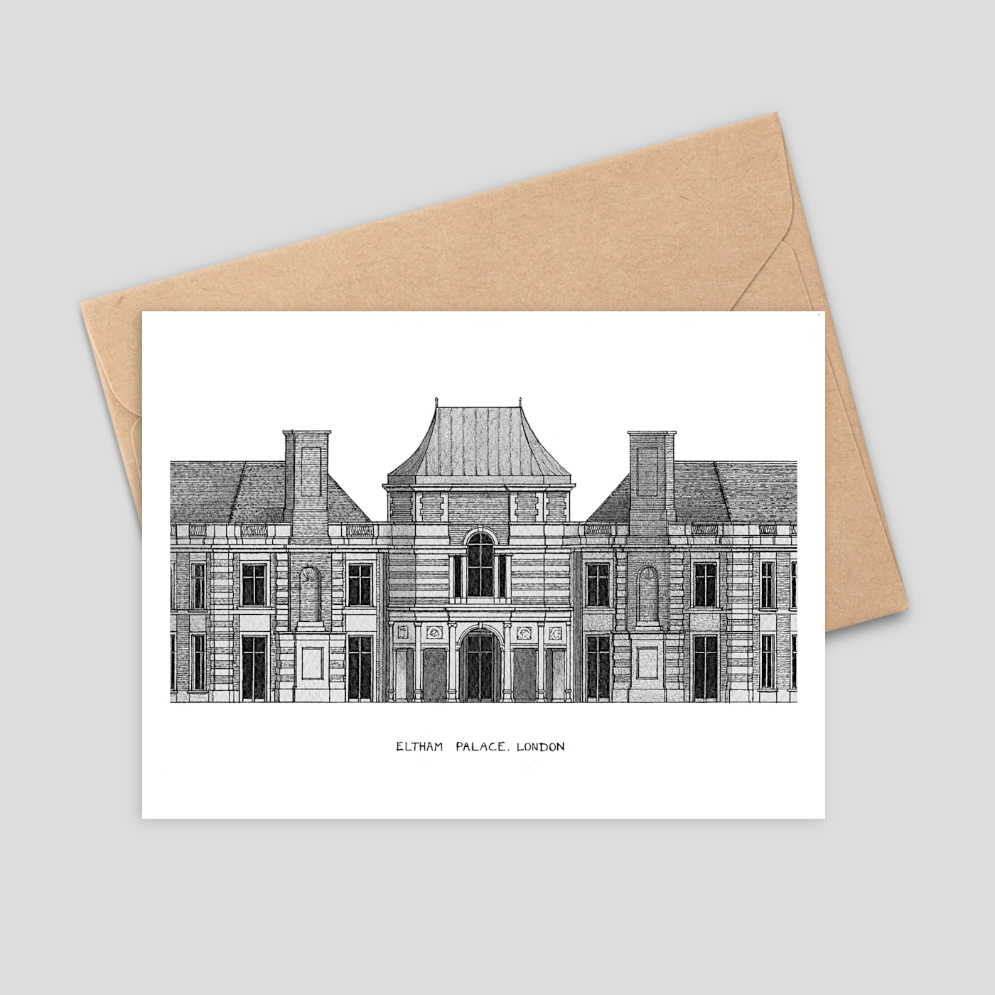 Greeting card with architectural illustration of Eltham Palace, London, on a white background with a brown envelope.