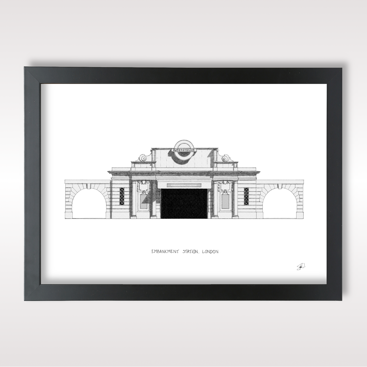 Hand-drawn architectural illustration of Embankment Underground Station in London