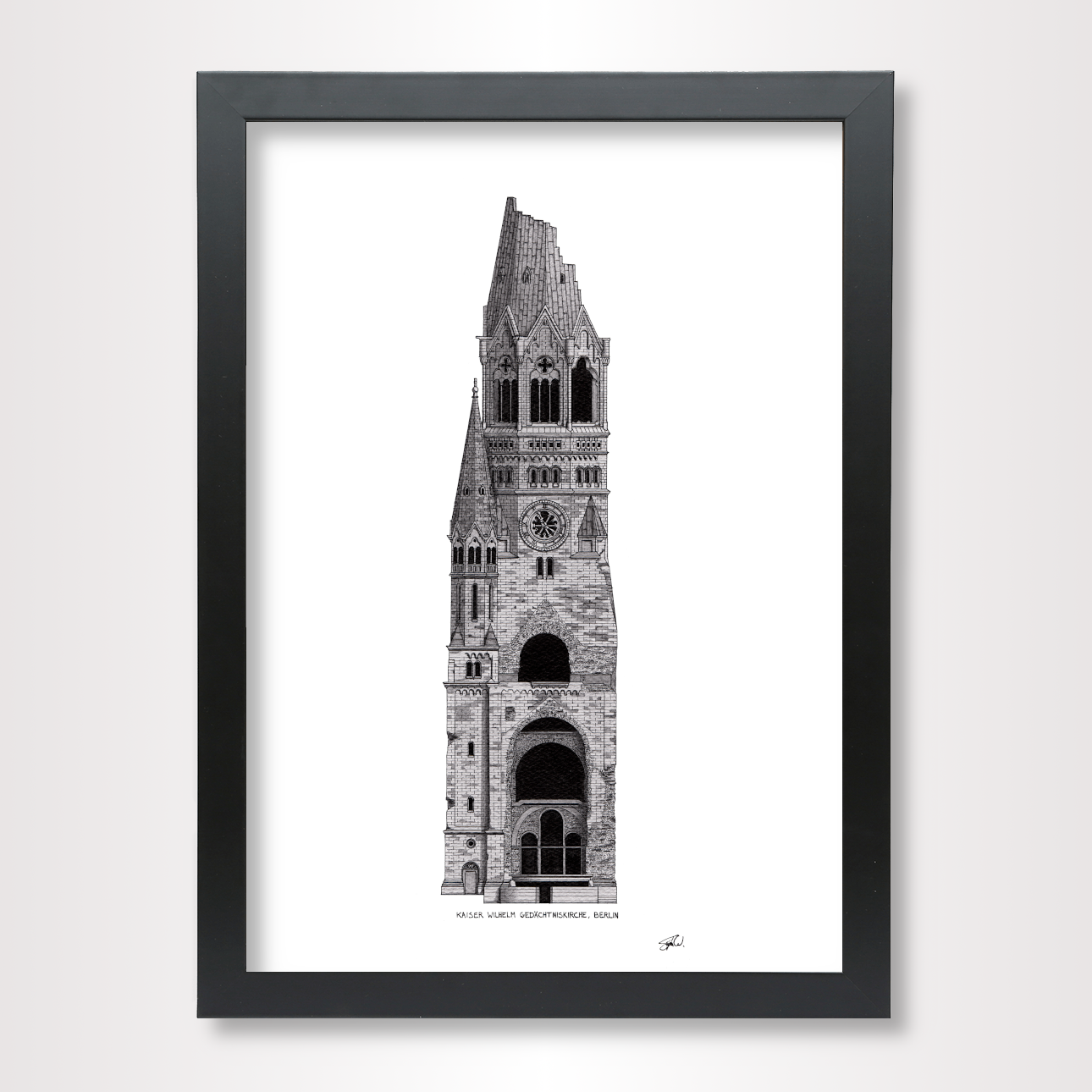 Hand-drawn architectural illustration of the Gedachtniskirche in Berlin