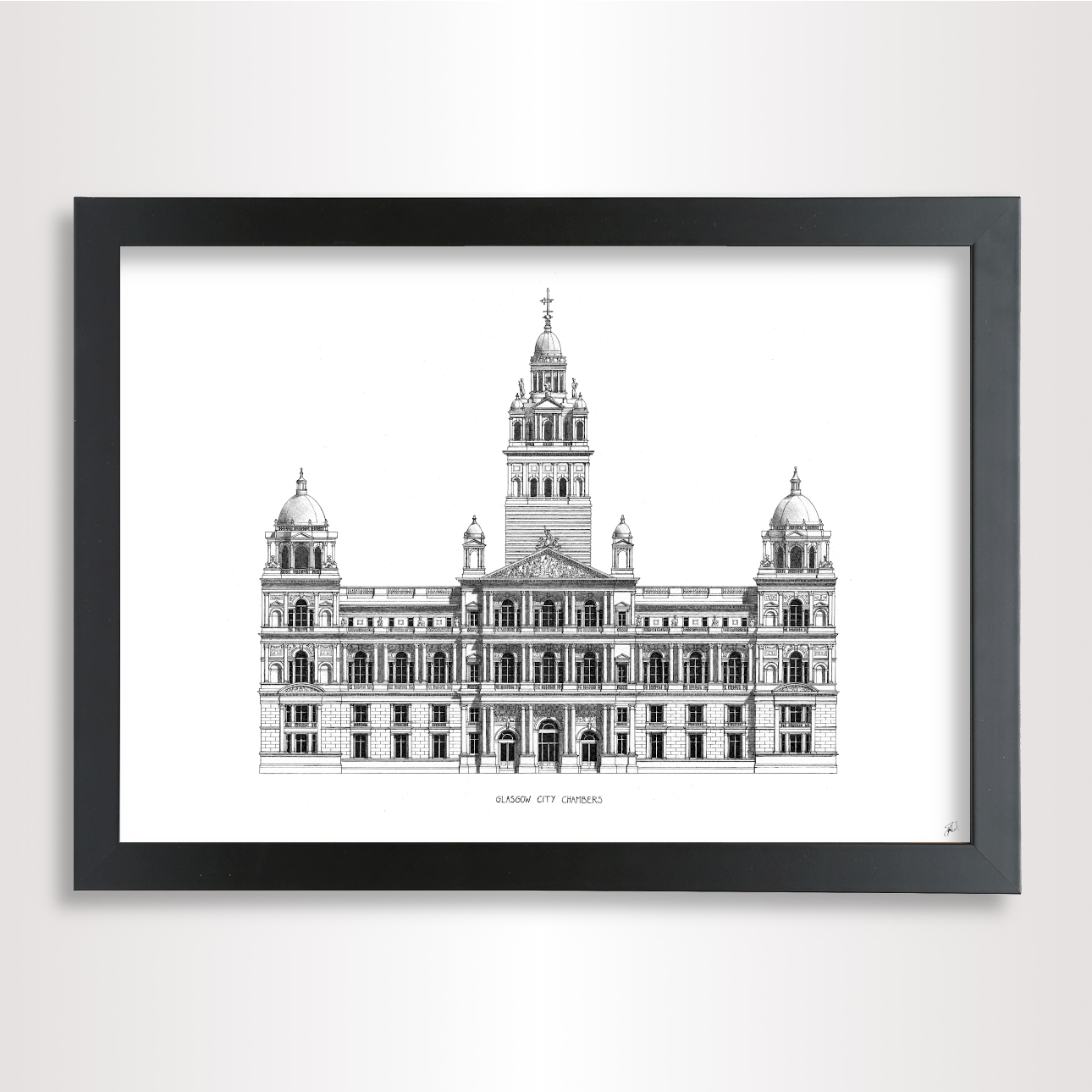 Hand-sketched architectural illustration of Glasgow City Chambers, Scotland