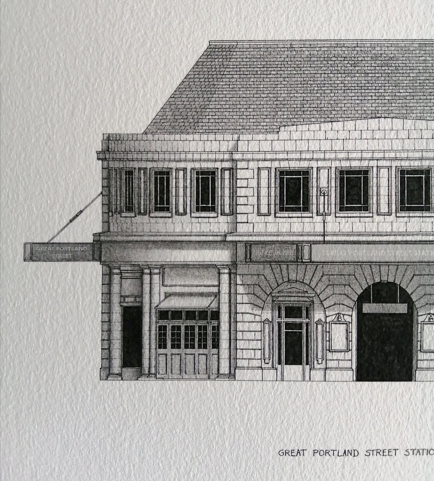 Hand-sketched architectural illustration of Great Portland Street Underground Station in London
