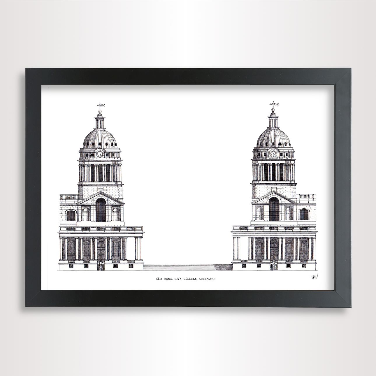 Hand-drawn architectural illustration of Old Royal Navy College in Greenwich
