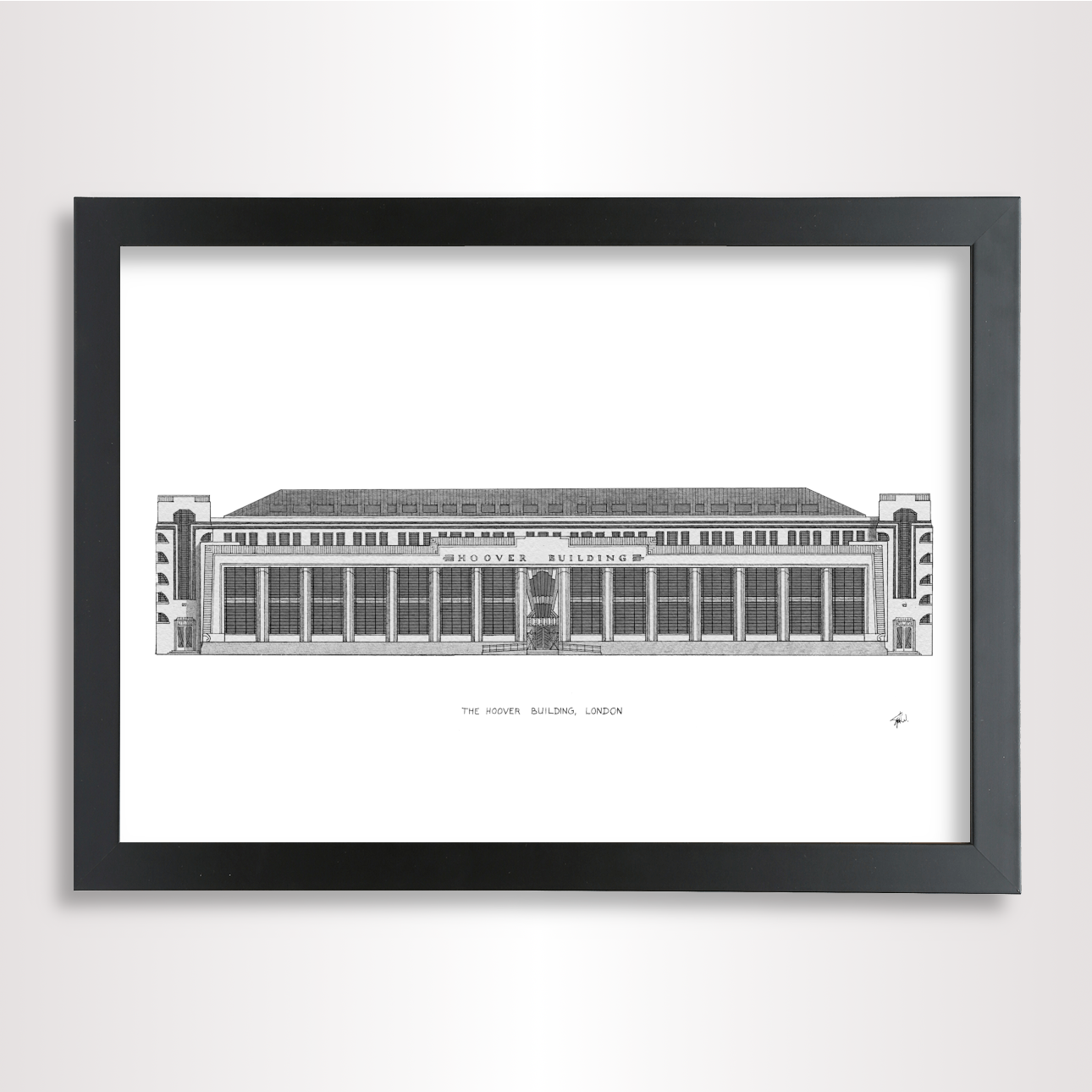 Hand-drawn architectural illustration of The Hoover Building, Perivale, London