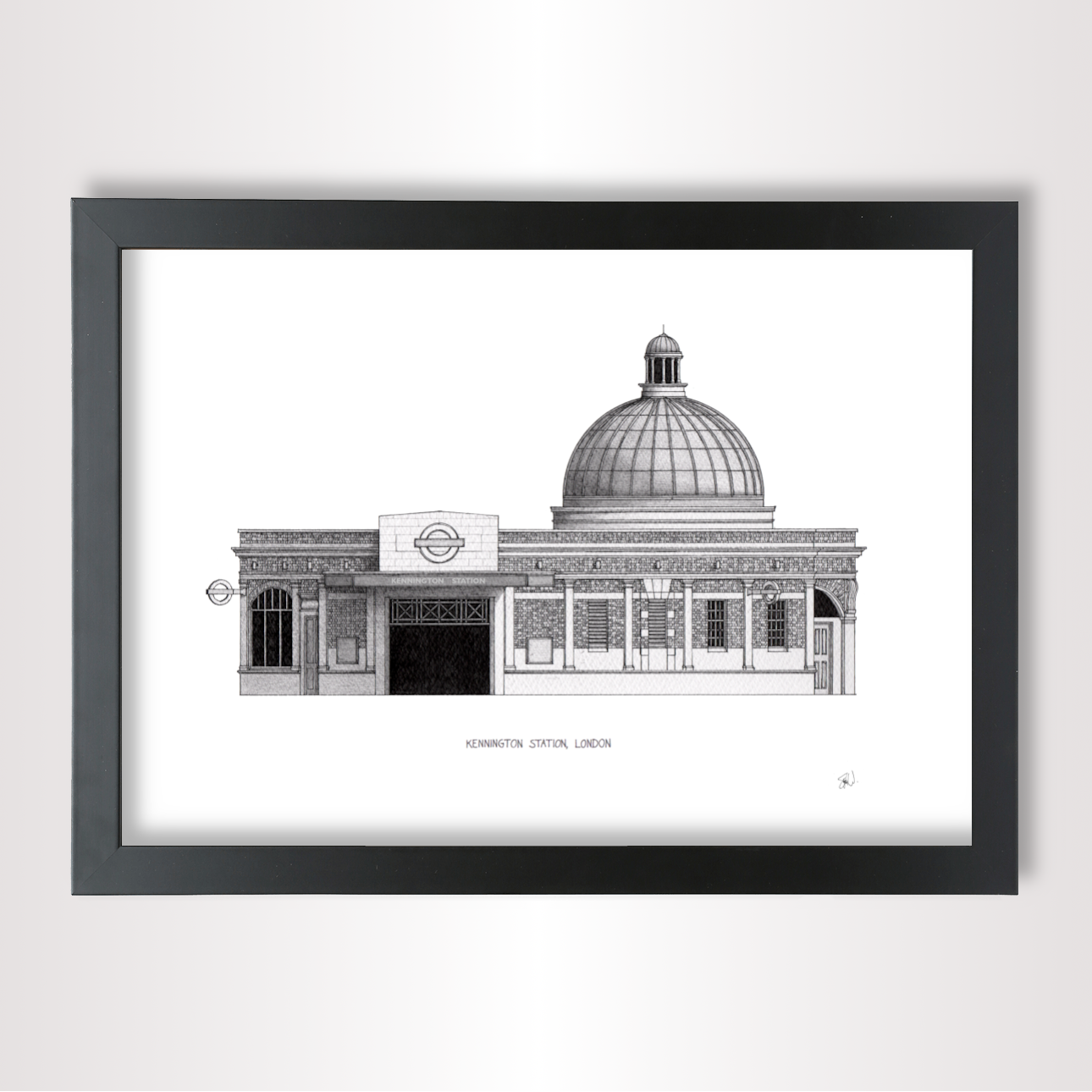 Hand-drawn architectural illustration of Kennington Underground Station in London
