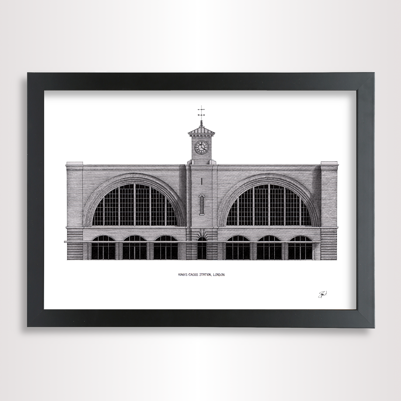 Hand-drawn architectural illustration of Kings Cross Train Station in London