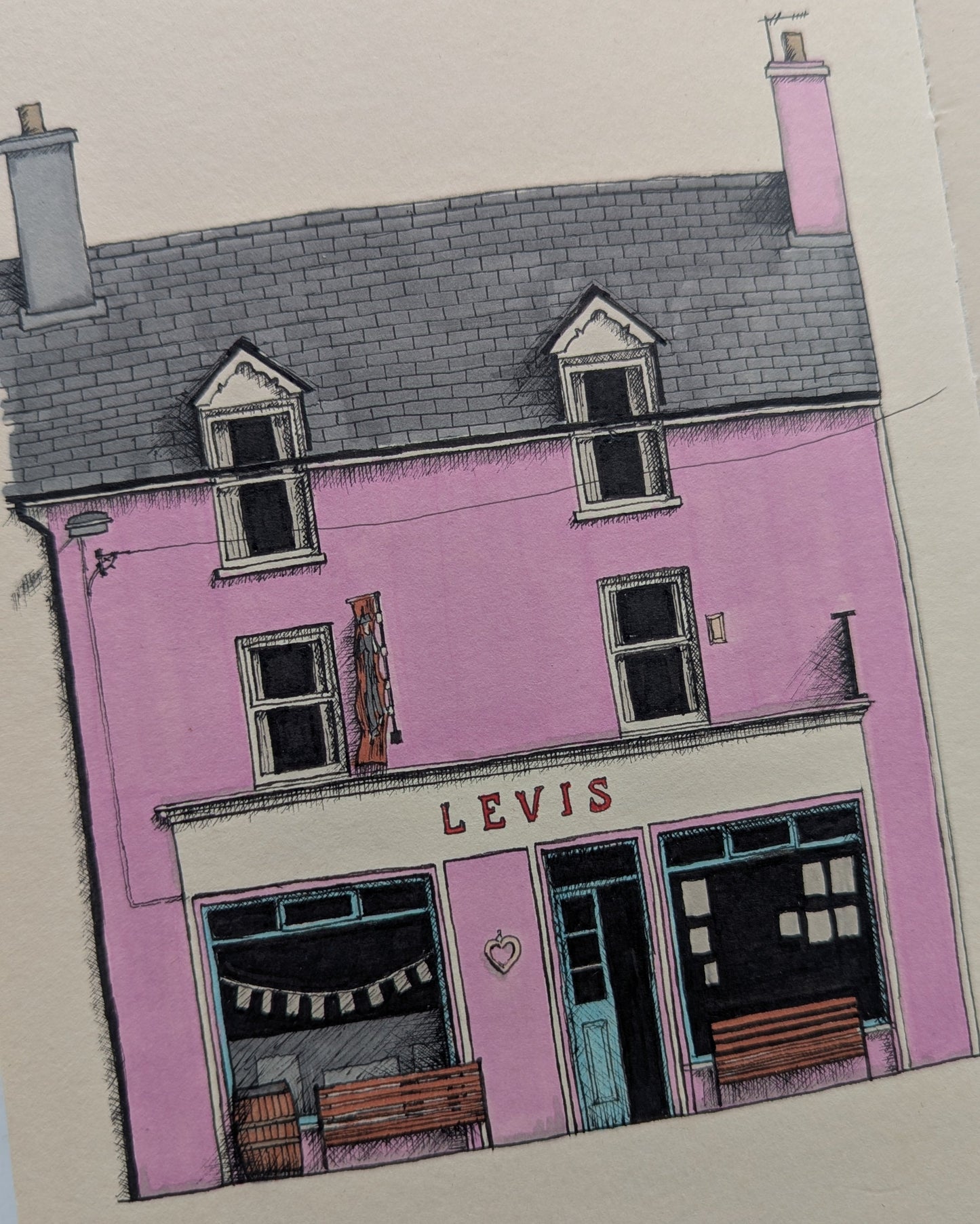 A hand-drawn illustration Levis Corner House in Ballydehob