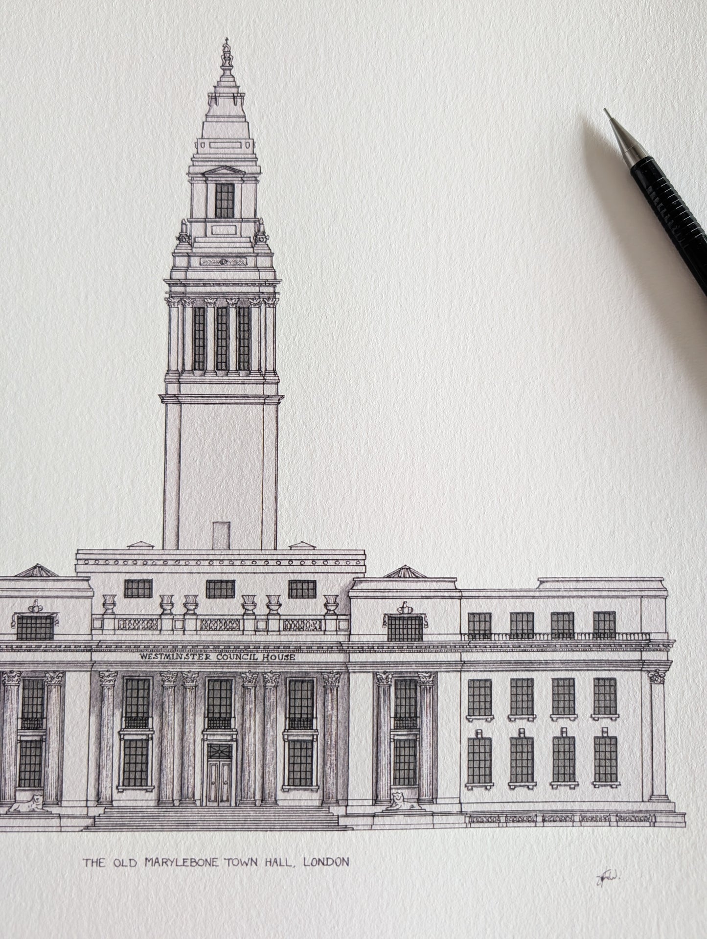 Detailed sketch of Old Marylebone Town Hall in London. Architectural illustration perfect for weddings.