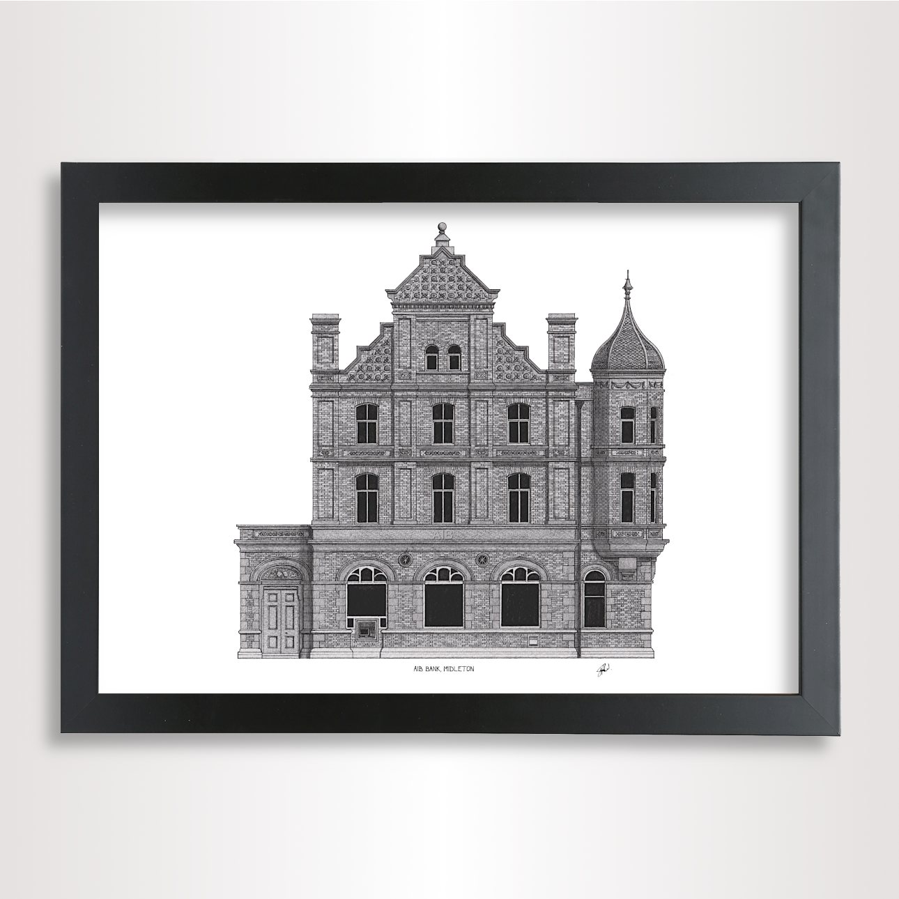 Hand-drawn architectural illustration of the AIB bank in Midleton, Ireland.