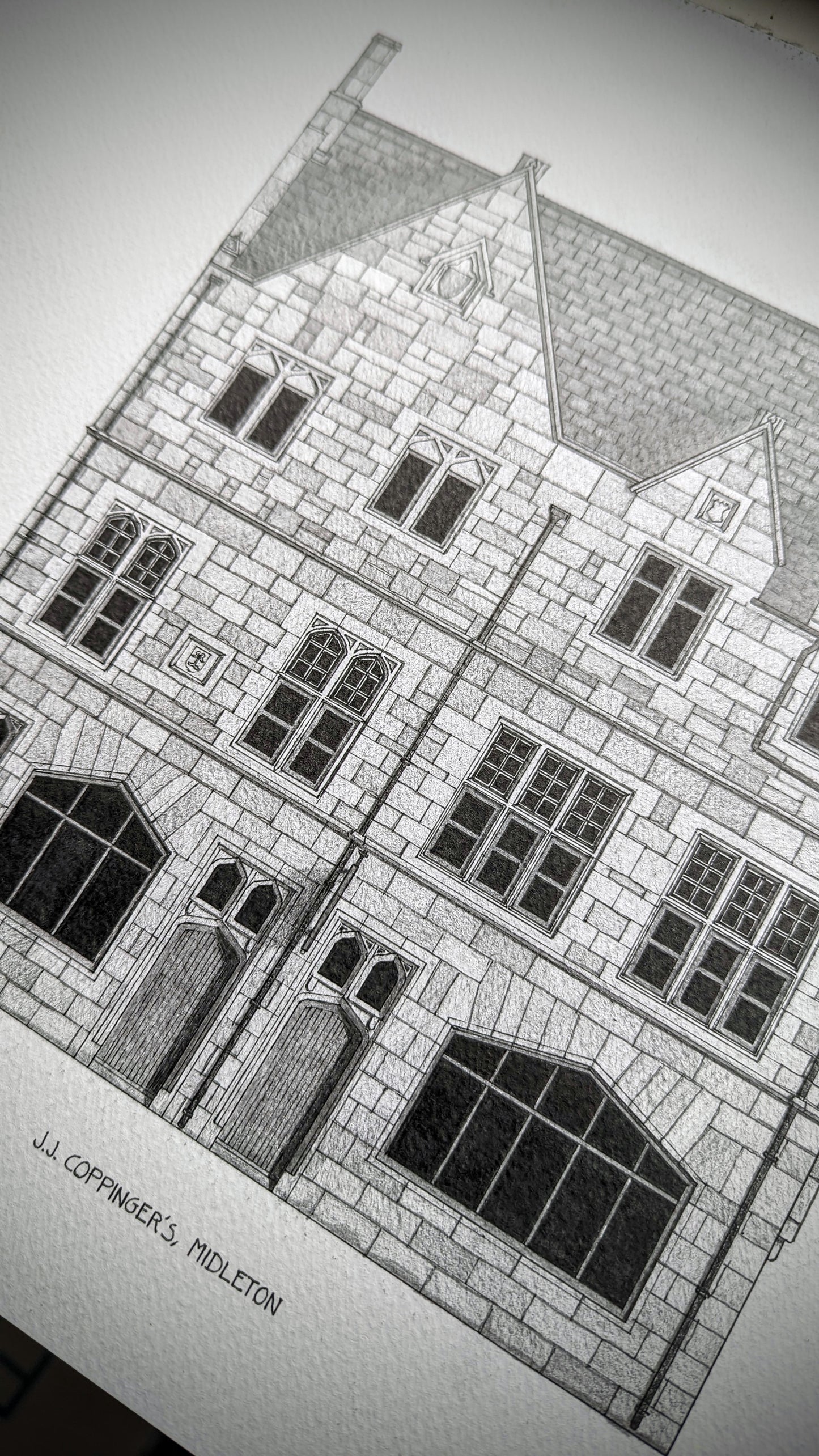 Hand-drawn architectural illustration of Coppingers Pub in Midleton, Ireland.