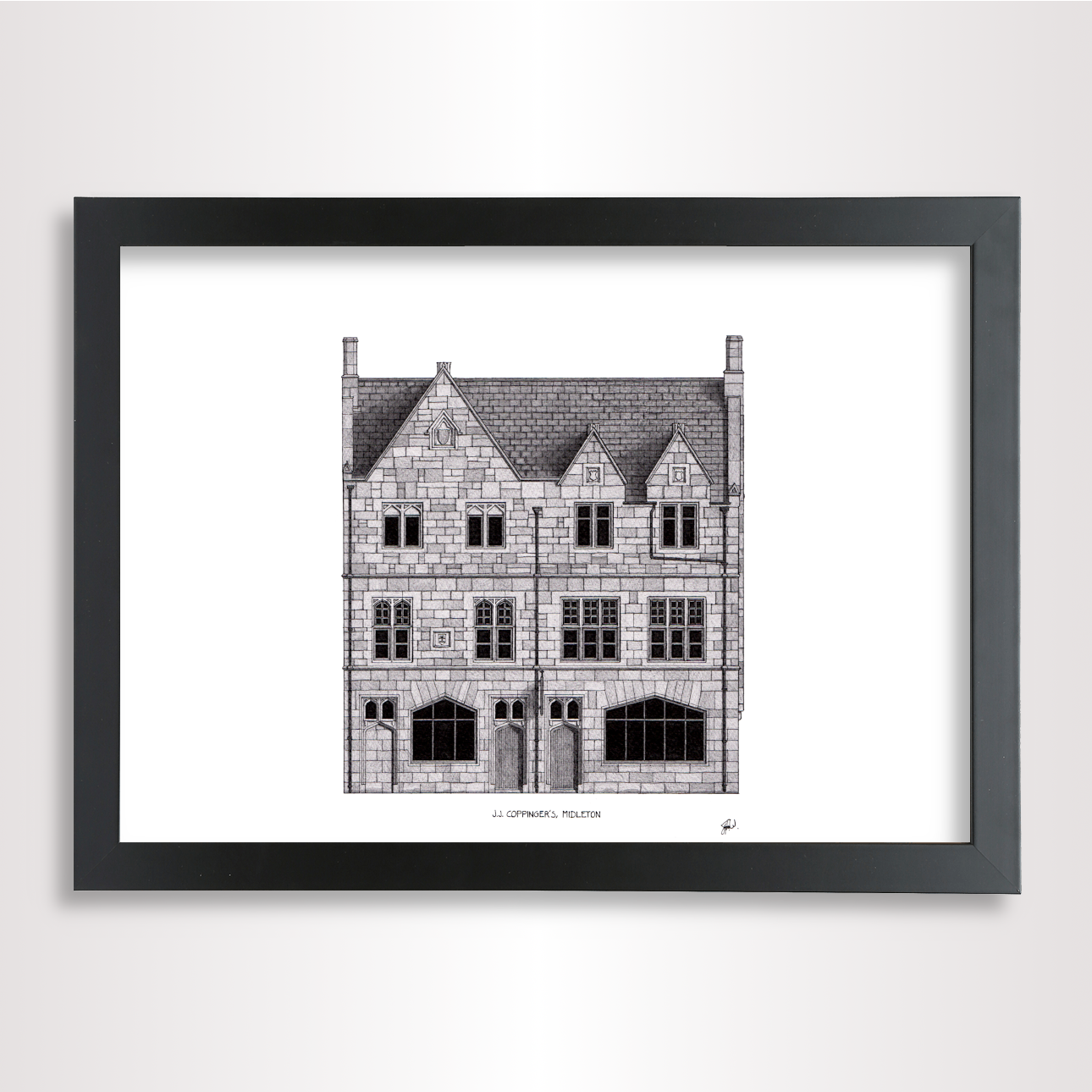 Hand-drawn architectural illustration of Coppingers Pub in Midleton, Ireland.