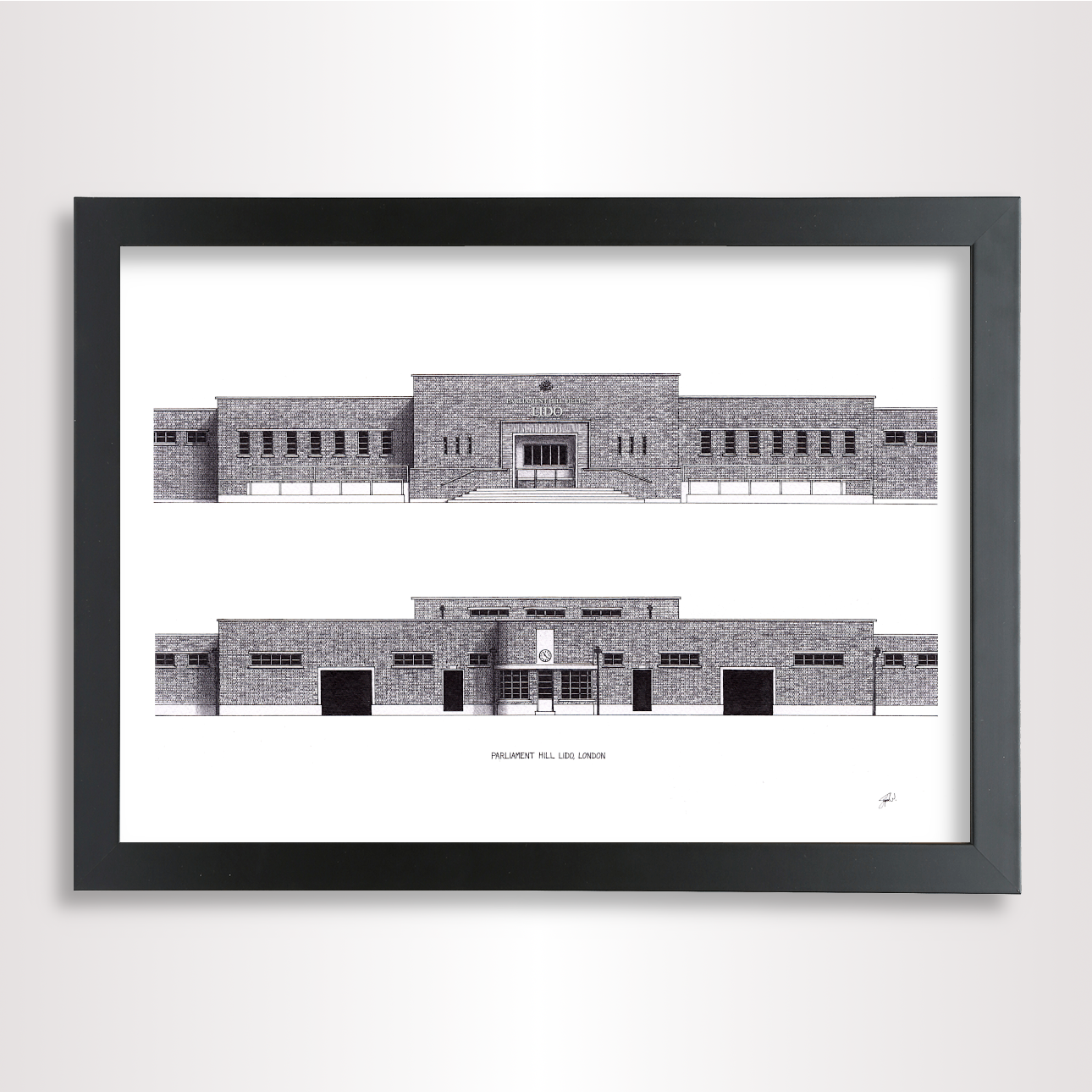 Hand-drawn architectural illustration of Parliament Hill Lido in London