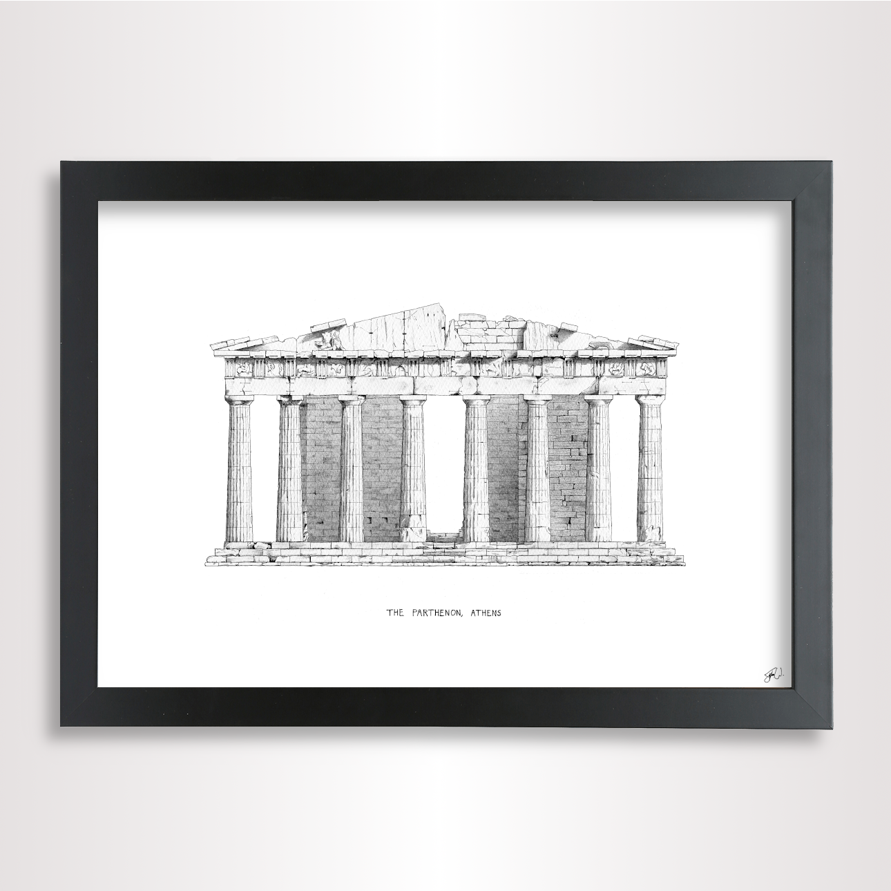 Hand-drawn architectural illustration of The Parthenon in Athens, Greece.