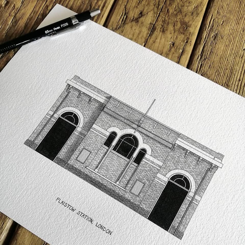 Hand-sketched architectural illustration of Plaistow Tube Station in London