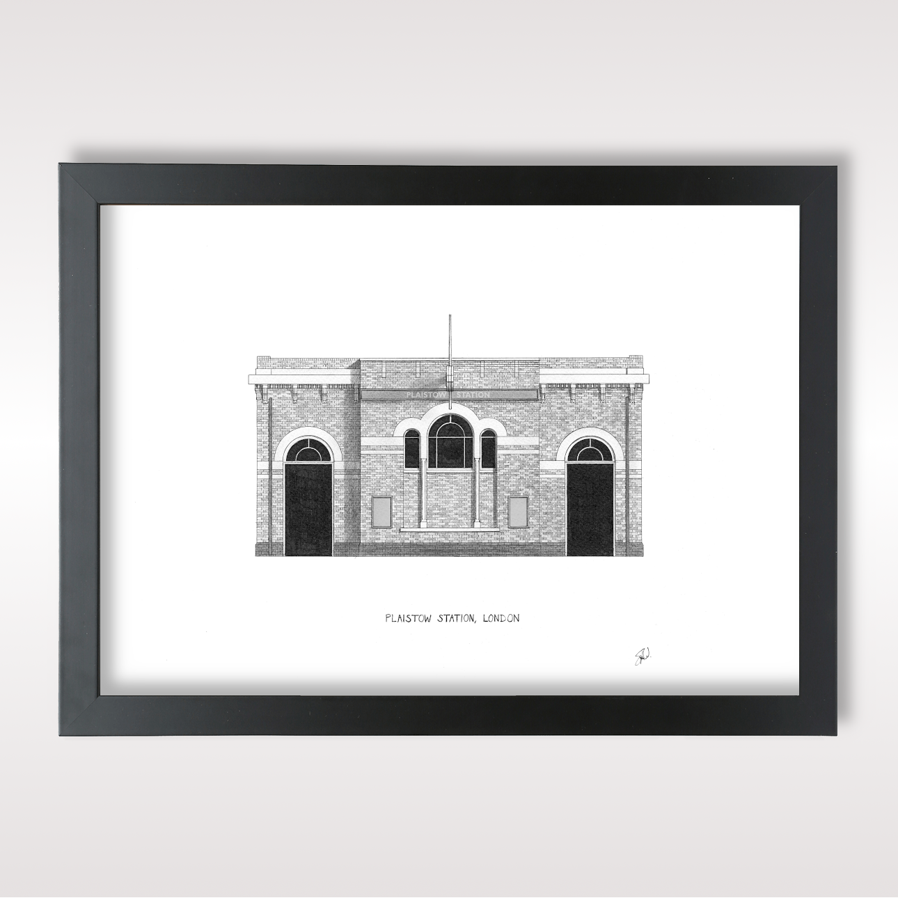 Hand-drawn architectural illustration of Plaistow Underground Station in London