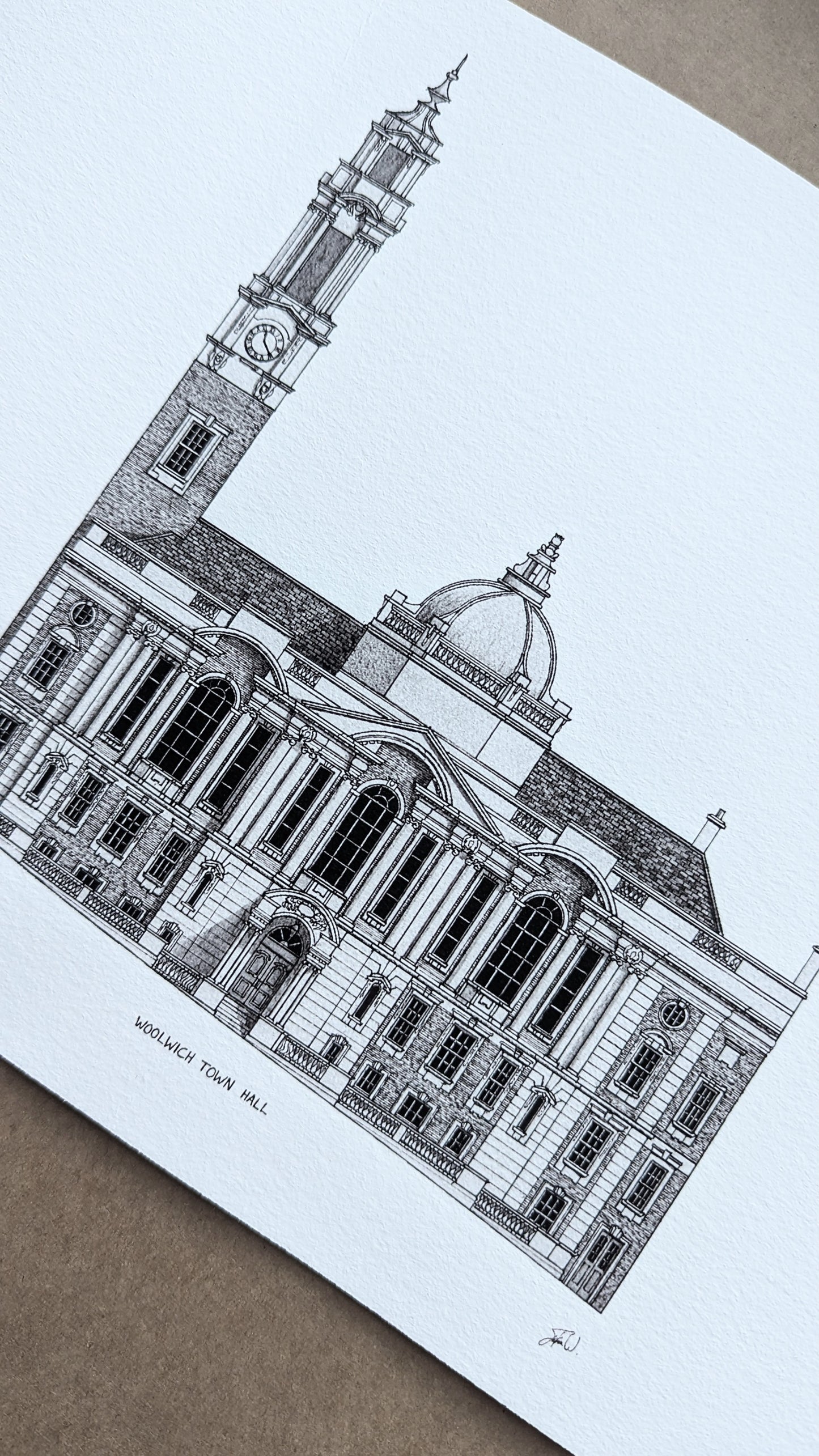 Hand sketched architectural illustration of Woolwich Town Hall, London