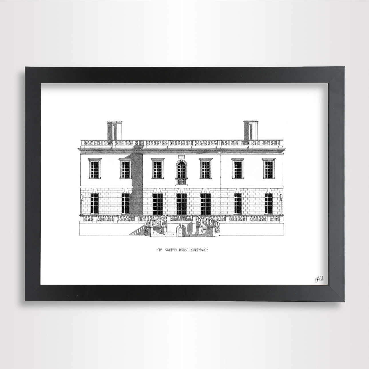 Hand-drawn architectural illustration of The Queens House in Greenwich, London.