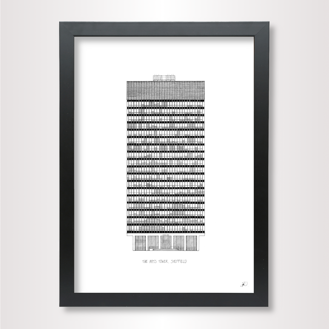 Hand-drawn architectural illustration of Sheffield Arts Tower