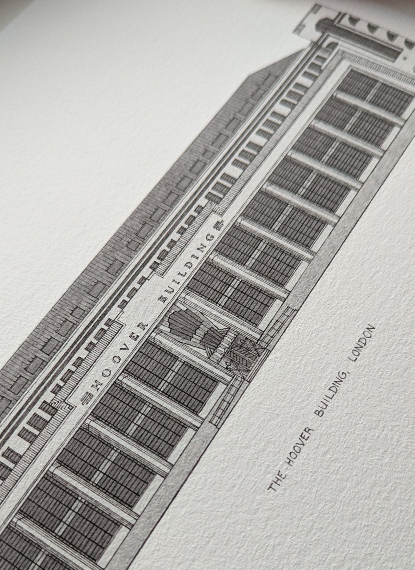 Hand-sketched architectural illustration of The Hoover Building London