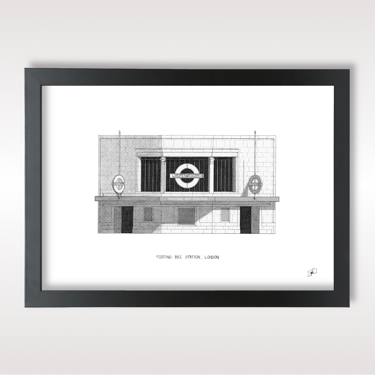 Hand-drawn architectural illustration of Tooting Bec Underground Station in London.