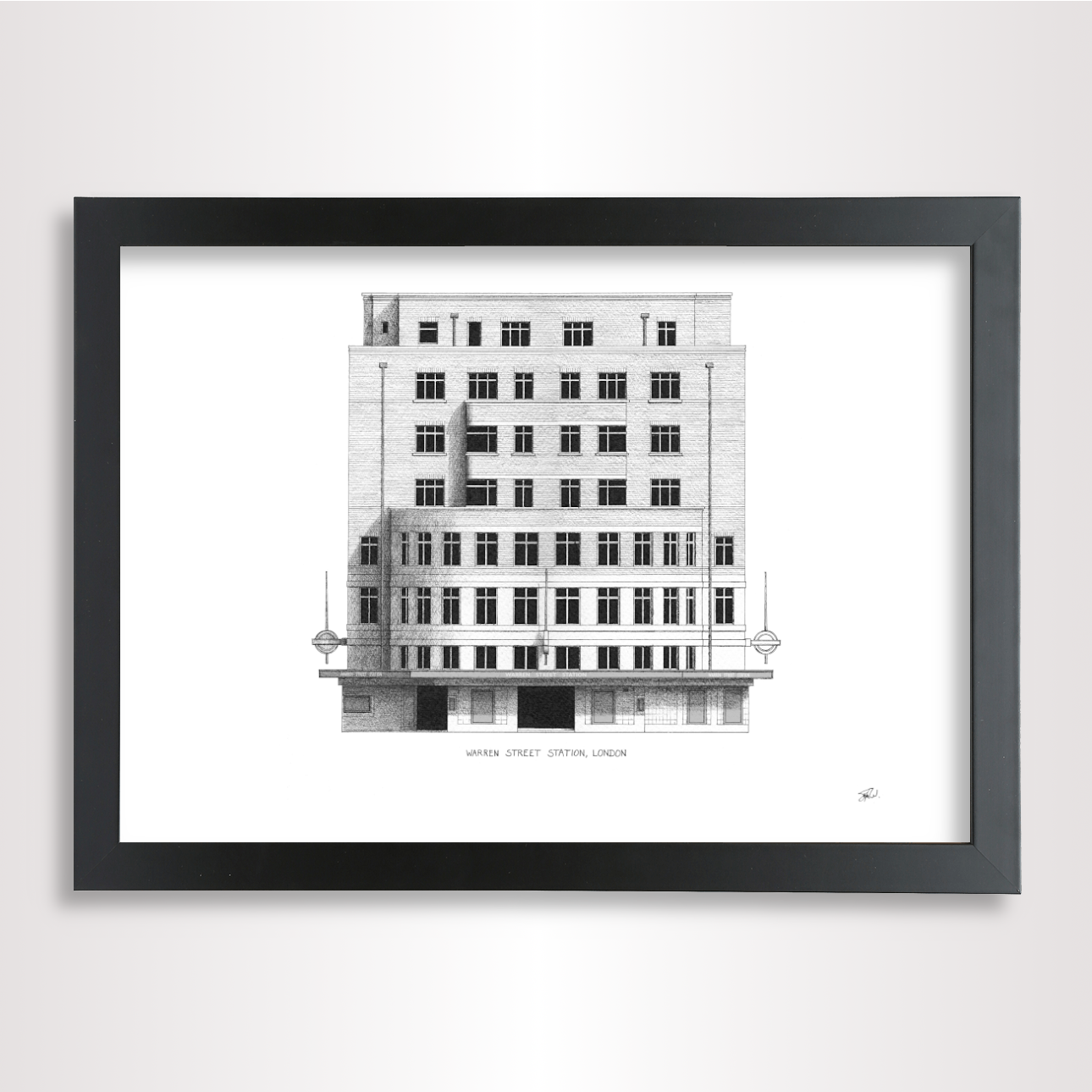 Hand-drawn architectural illustration of Warren Street Underground Station in London.
