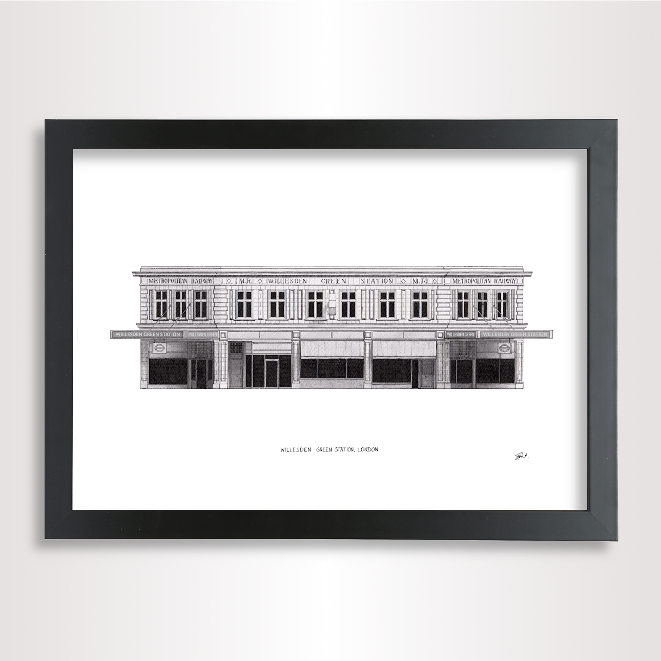 Hand-drawn architectural illustration of Willesden Green Tube Station, London
