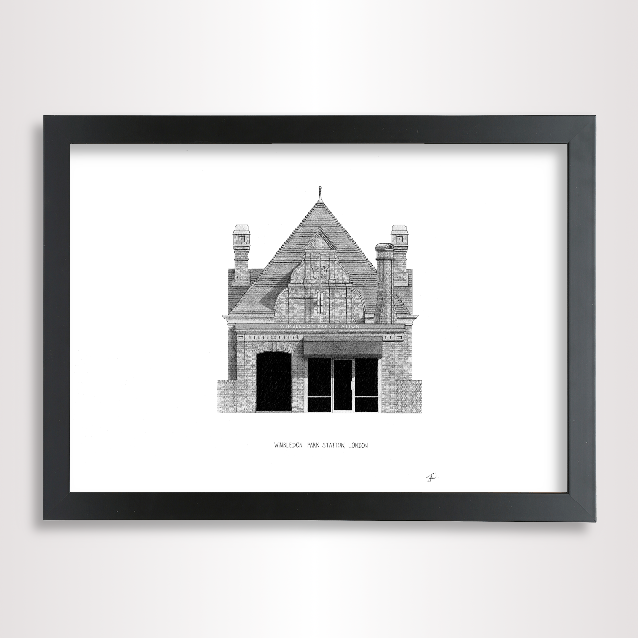 Hand-drawn architectural illustration of Wimbledon Park Underground Station