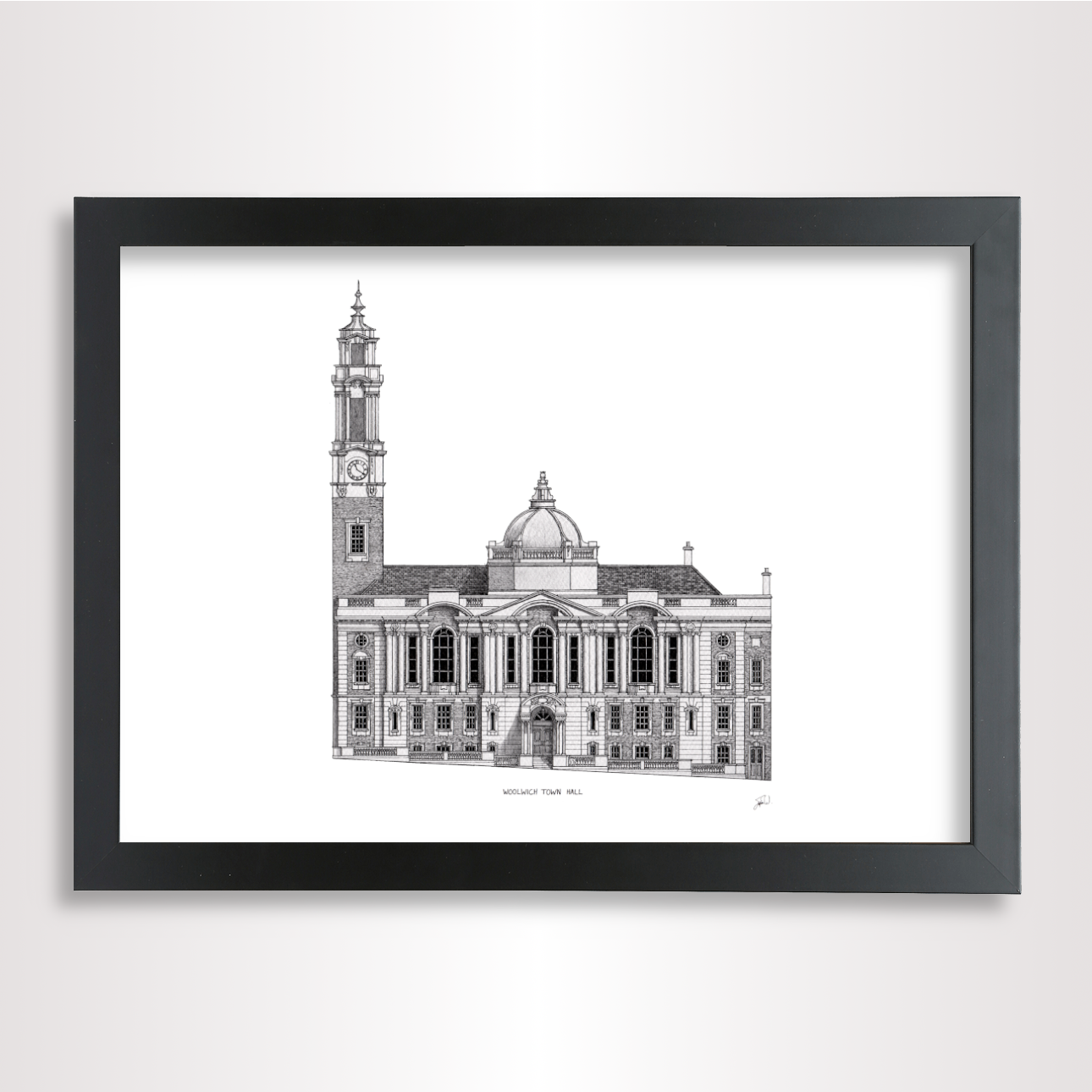Hand-drawn architectural illustration of Woolwich Town Hall, London.