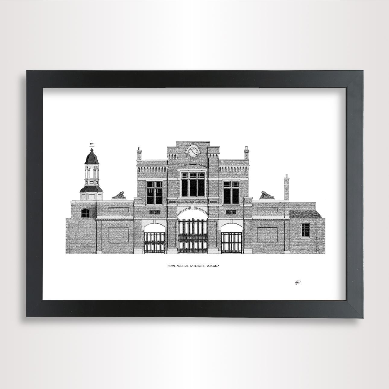 Hand-drawn architectural illustration of Woolwich Gatehouse in London