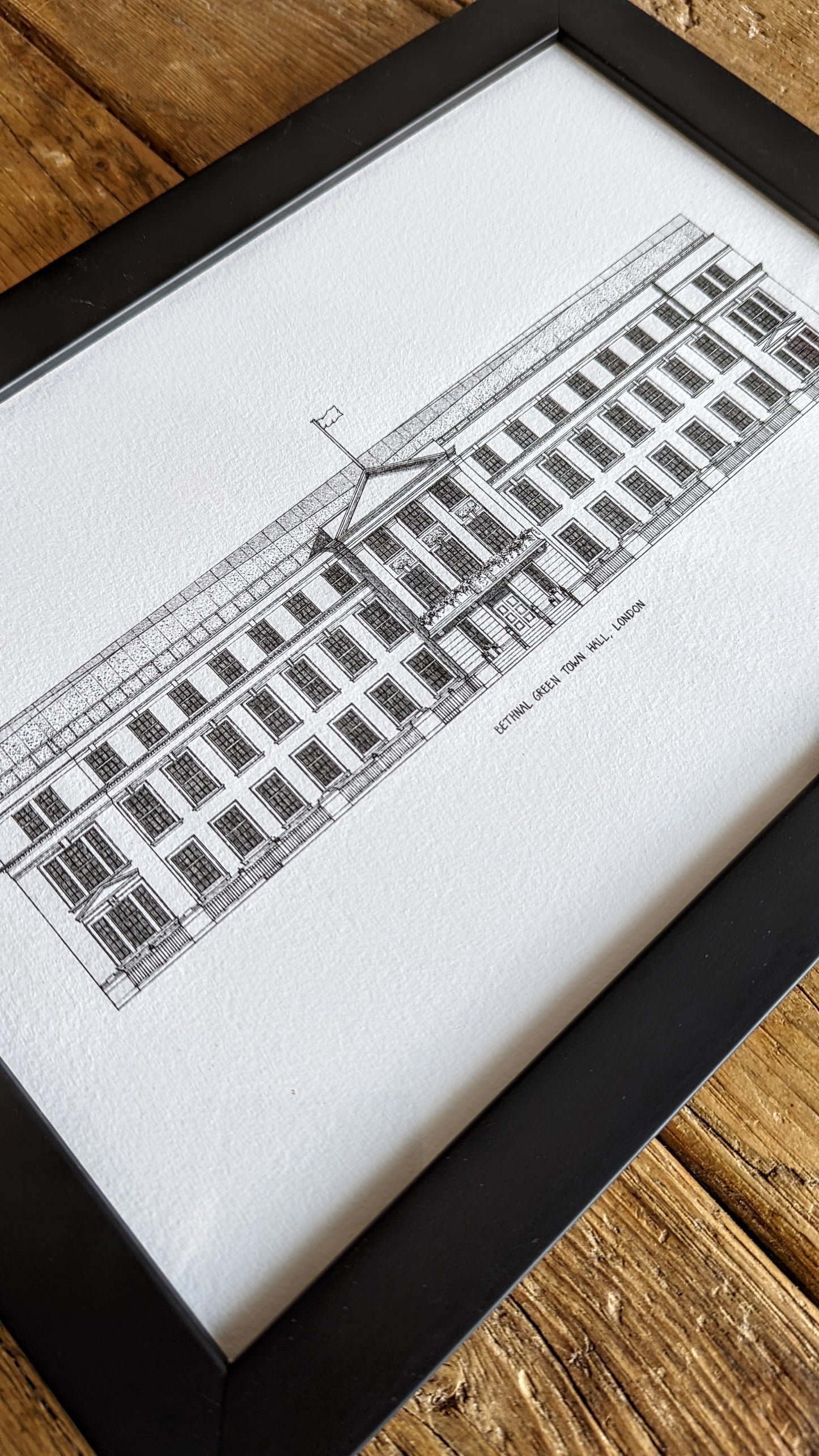 Hand-sketched architectural illustration of Bethnal Green Town Hall in East London