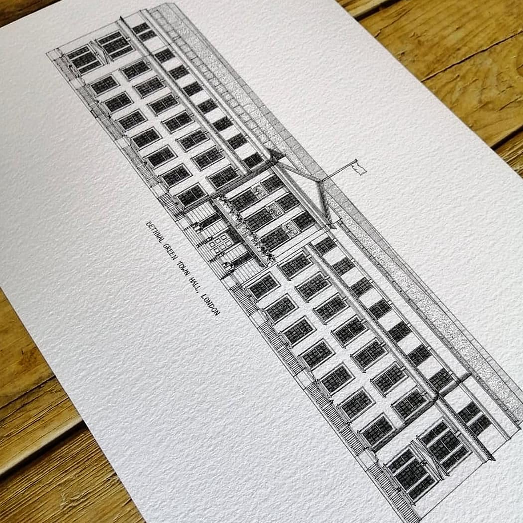 Hand-drawn architectural print of Bethnal Green Townhall in East London