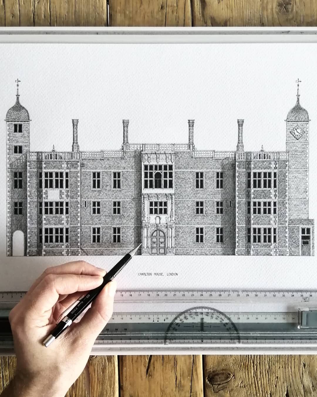 Hand-drawn architectural illustration of Charlton House in London
