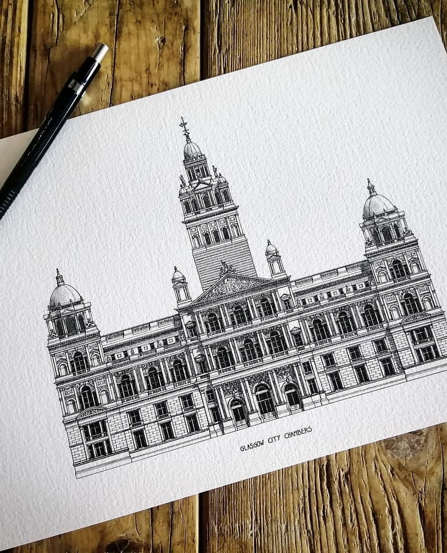Architectural drawing of Glasgow City Chambers, Scotland