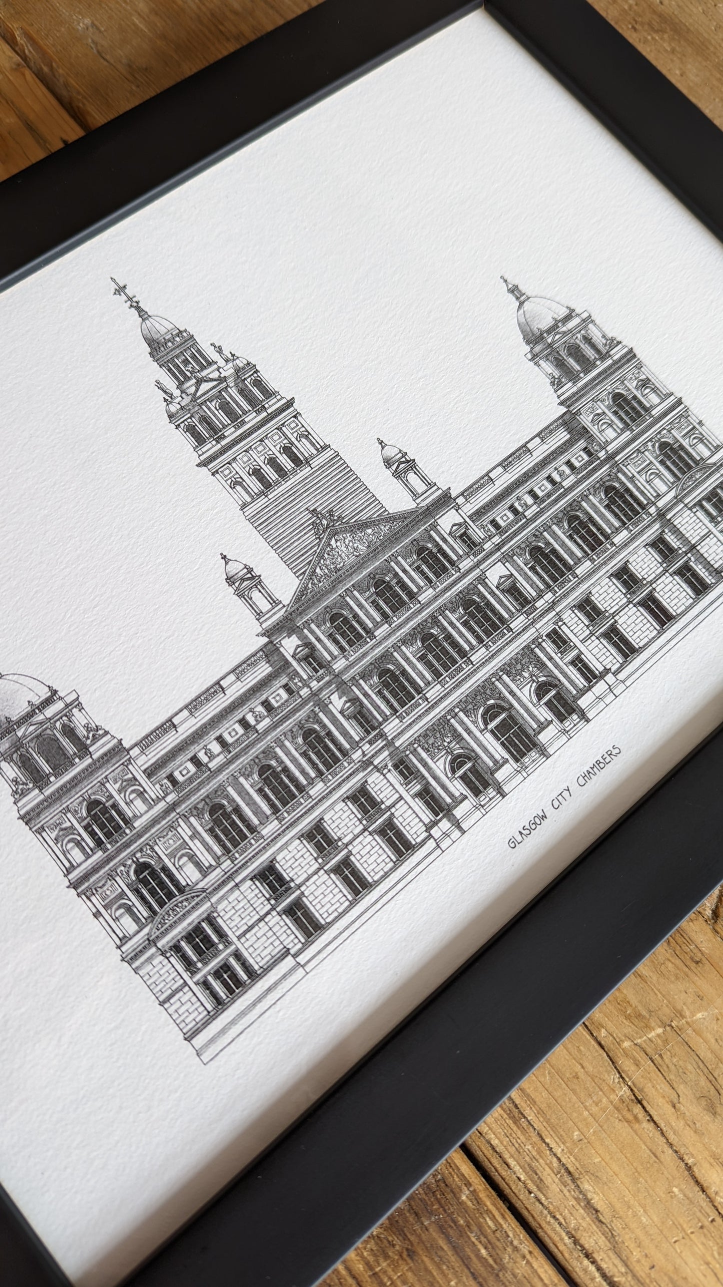 Hand-drawn architectural illustration of Glasgow City Chambers, Scotland
