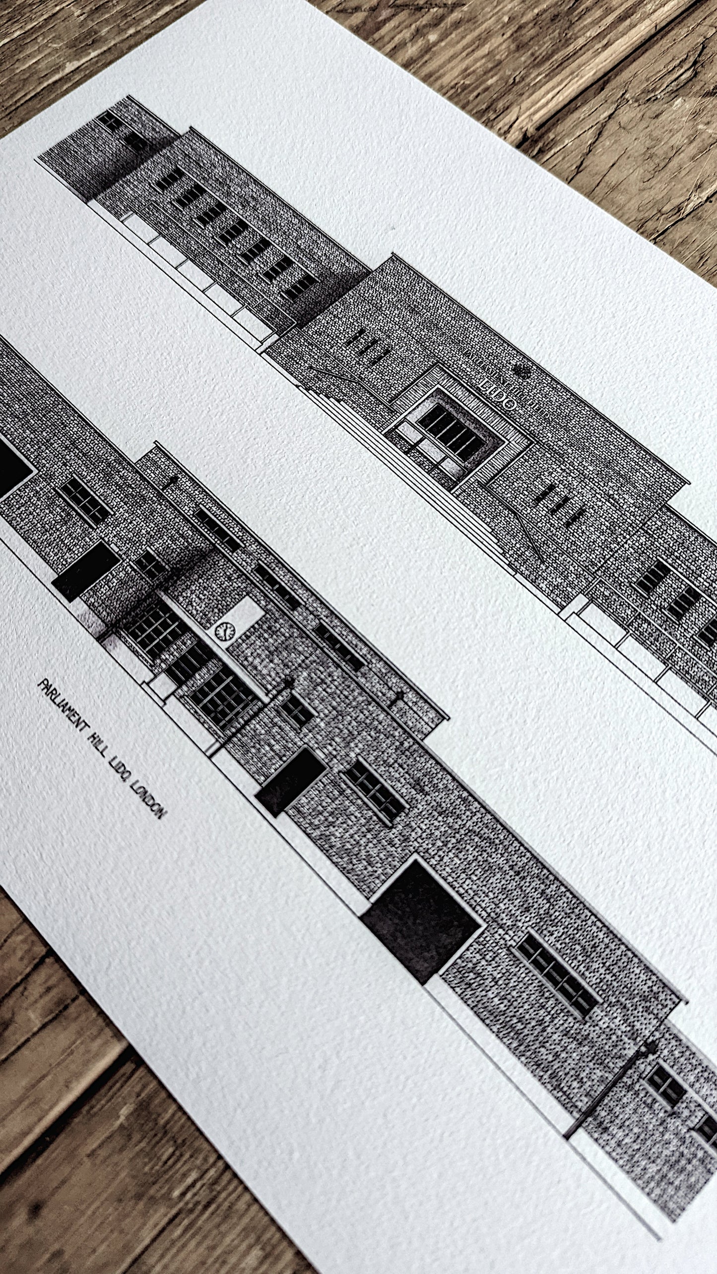 Hand-sketched architectural illustration of Parliament Hill Lido in London