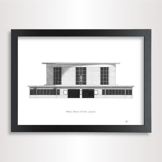 Hand-drawn architectural illustration of Arnos Grove Underground Station in London.