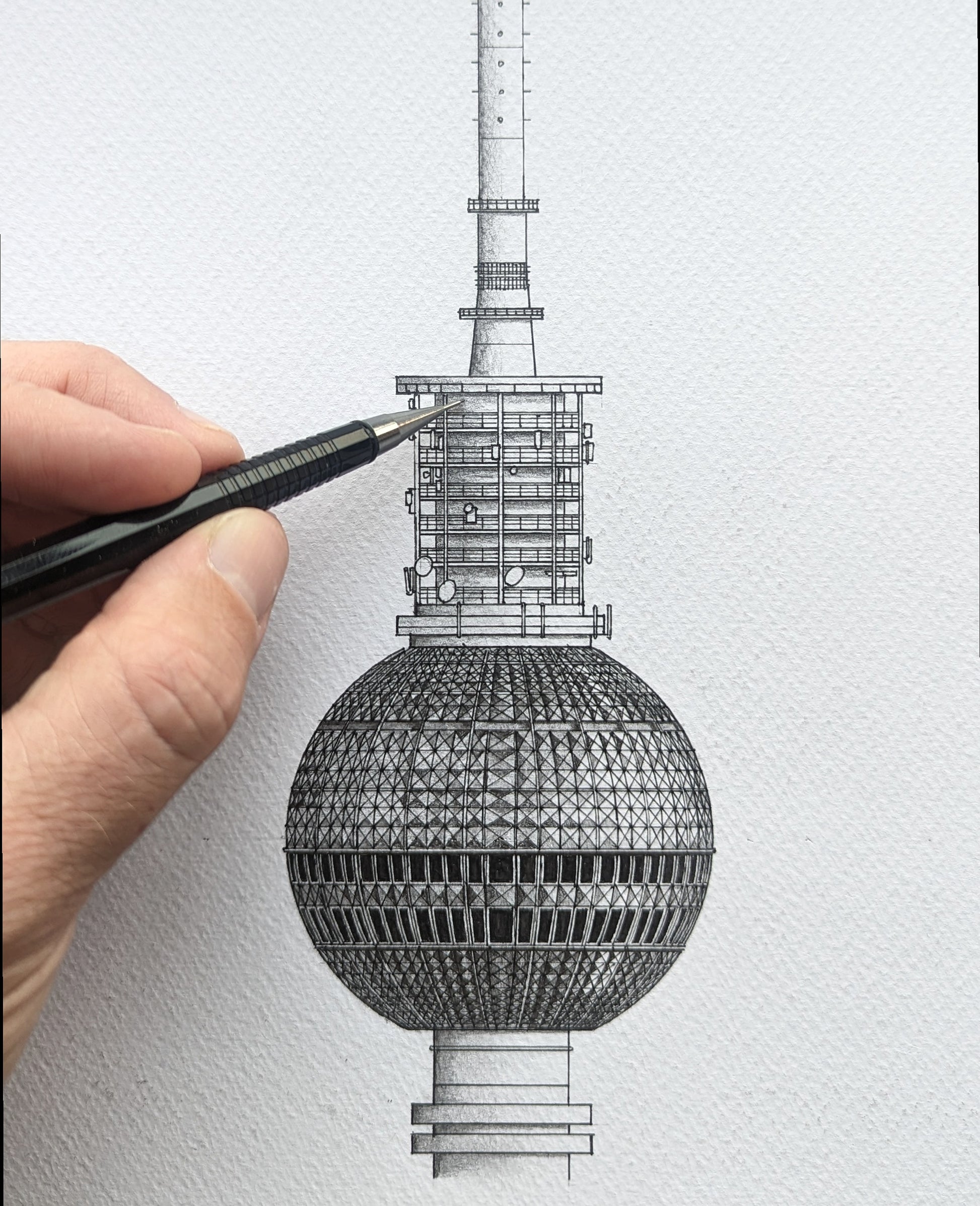 Hand-sketch architectural illustration of Berlin Fernsehturm.