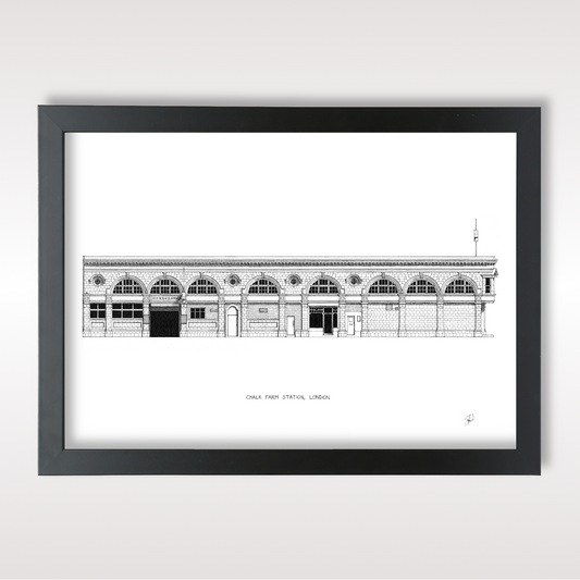 Hand-drawn architectural illustration of Chalk Farm Underground Station