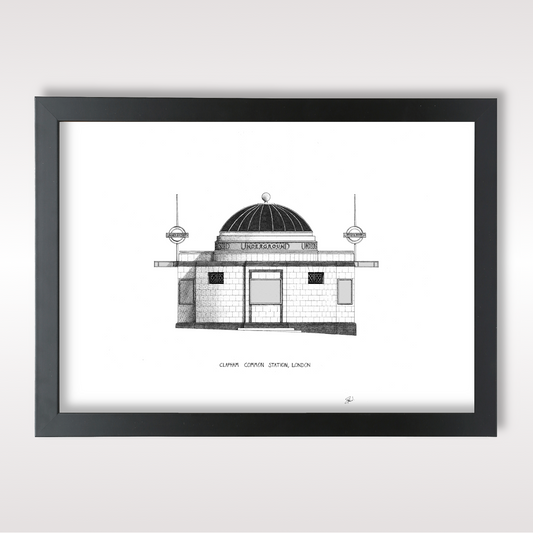 Hand-drawn architectural illustration of Clapham Common Underground Station